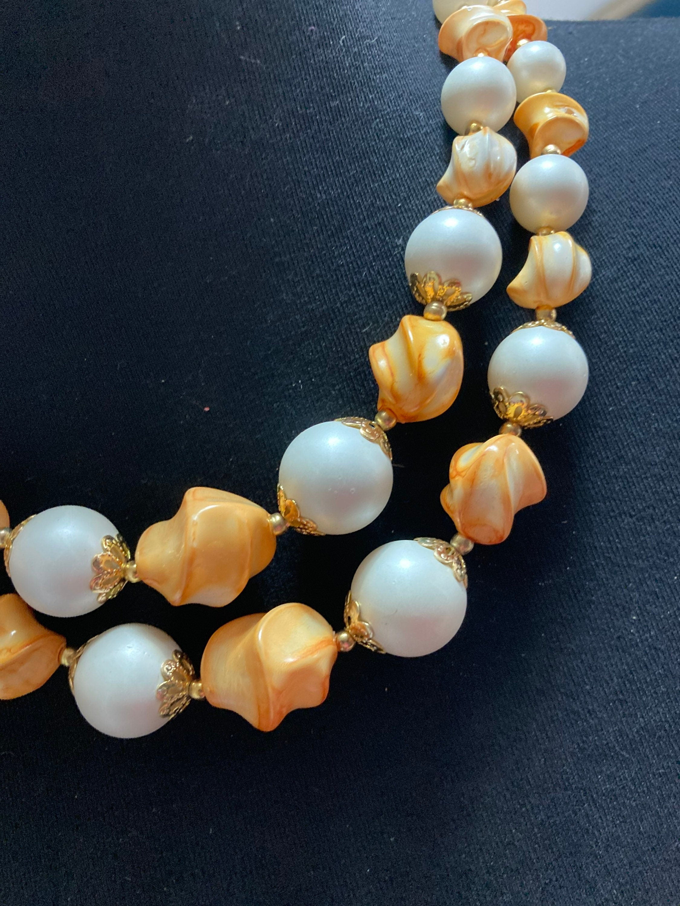 Mid century orange peach white plastic beaded multi strand choker necklace
