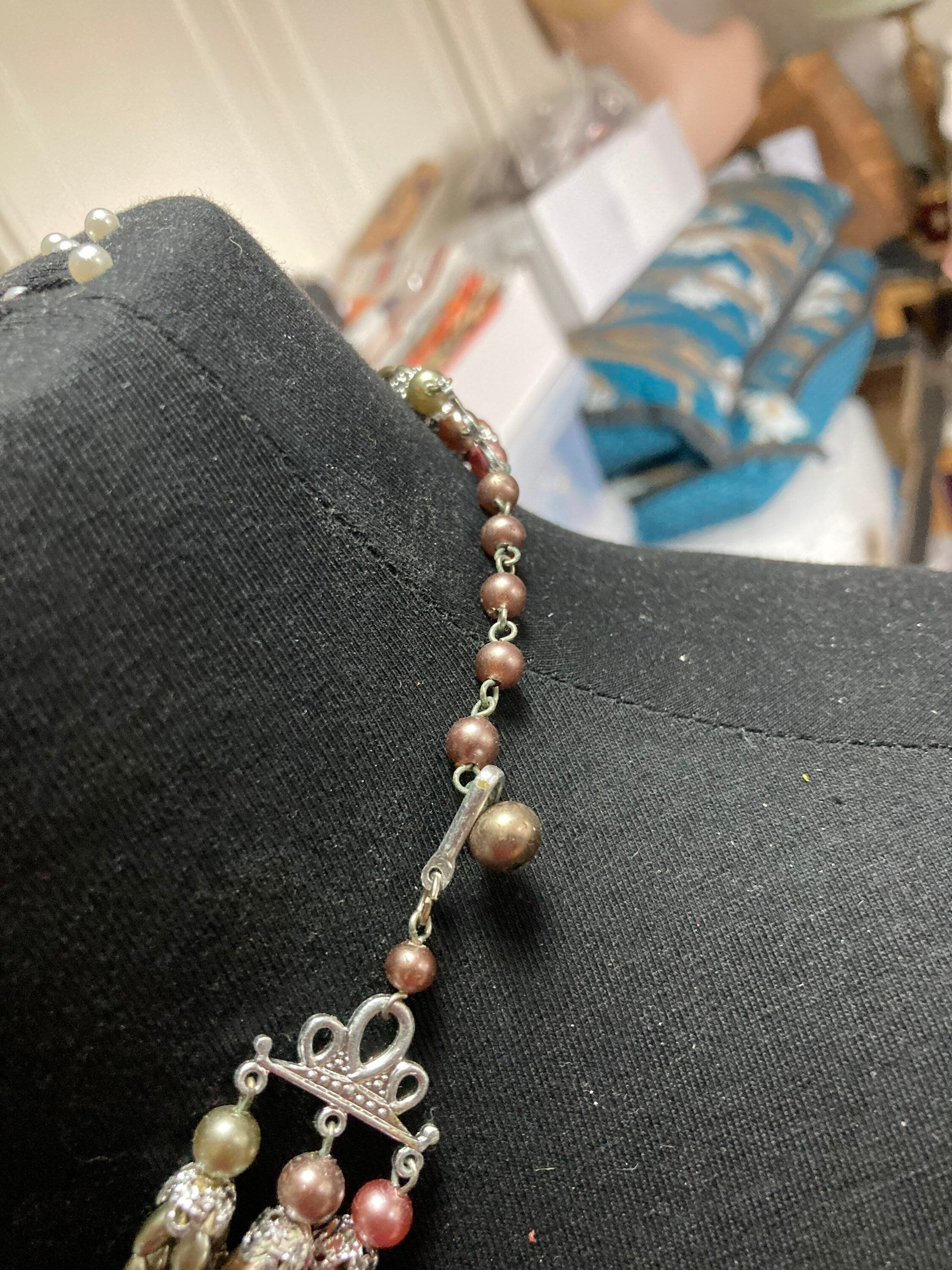 Mid century grey and dusky pink glass beaded multi strand choker necklace