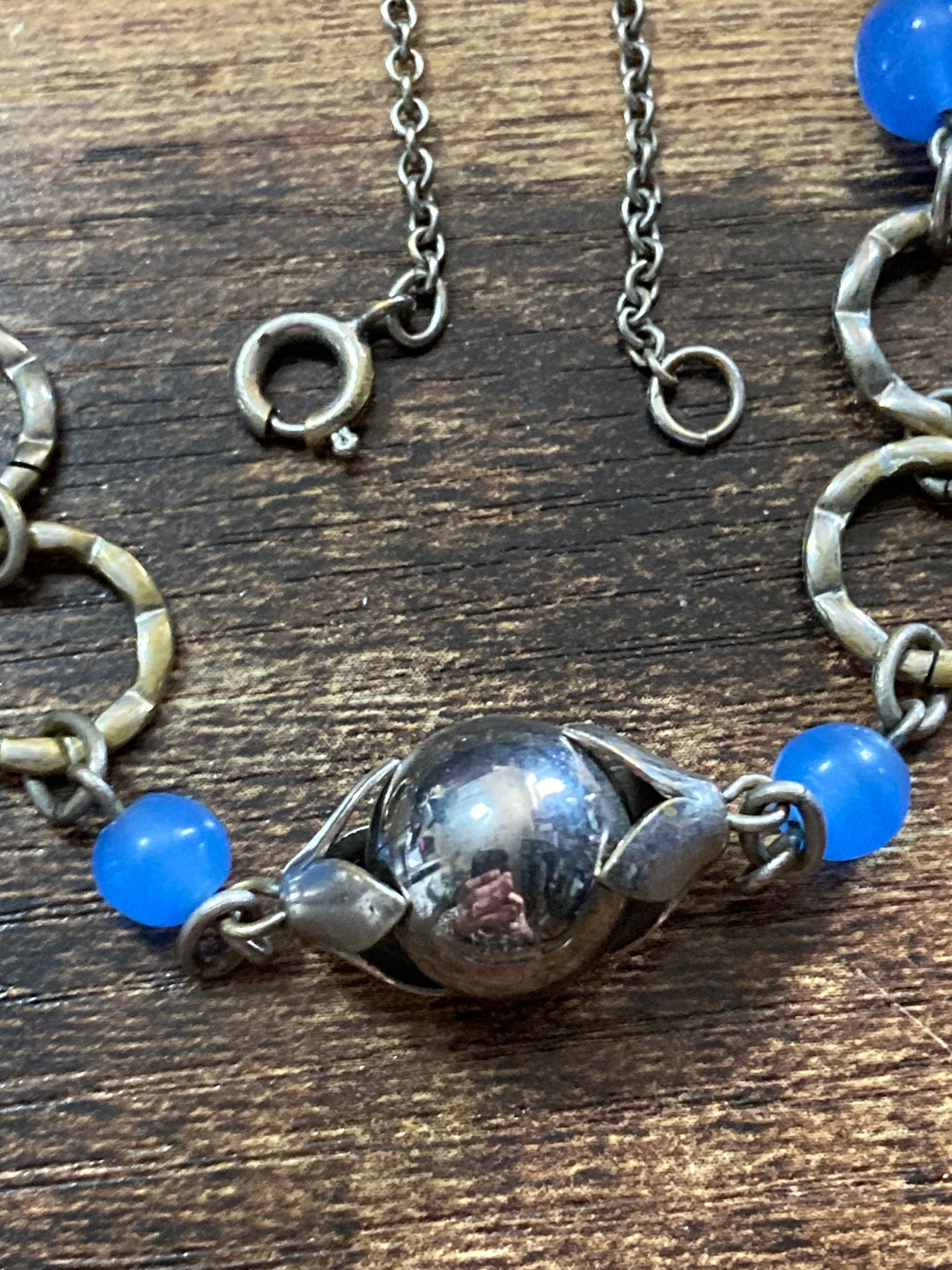 Art Deco czech chrome silver necklace with opaque blue glass beaded stones