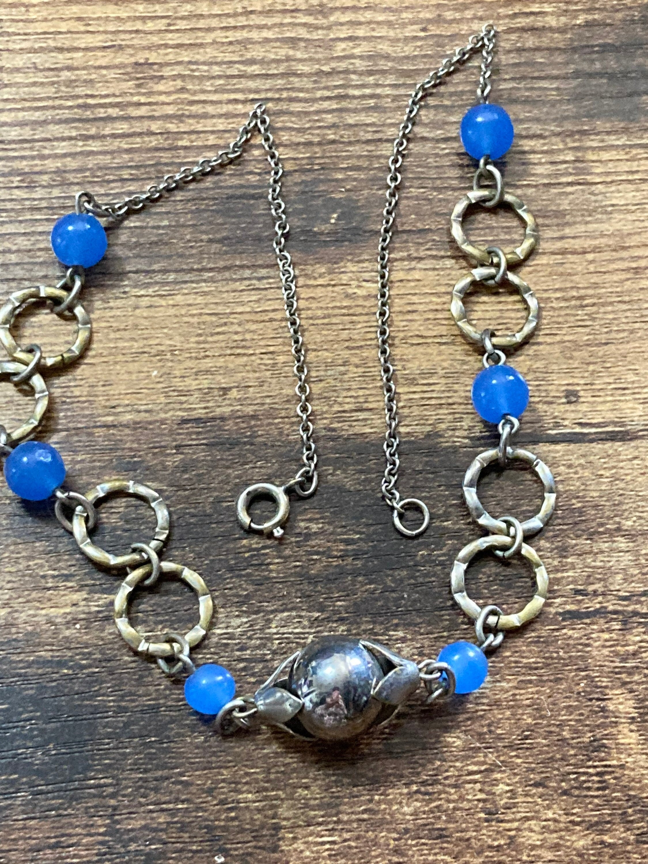 Art Deco czech chrome silver necklace with opaque blue glass beaded stones