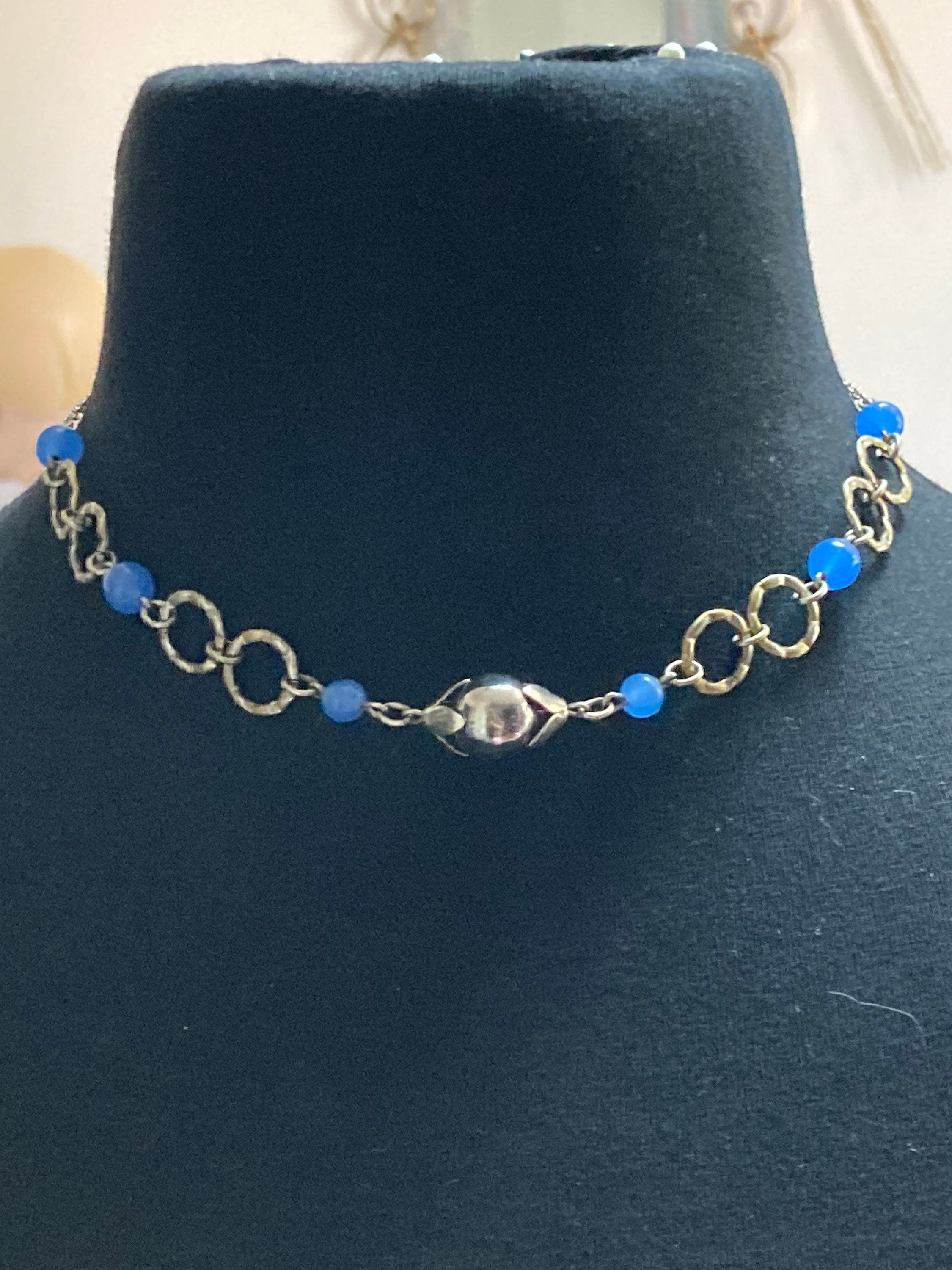 Art Deco czech chrome silver necklace with opaque blue glass beaded stones