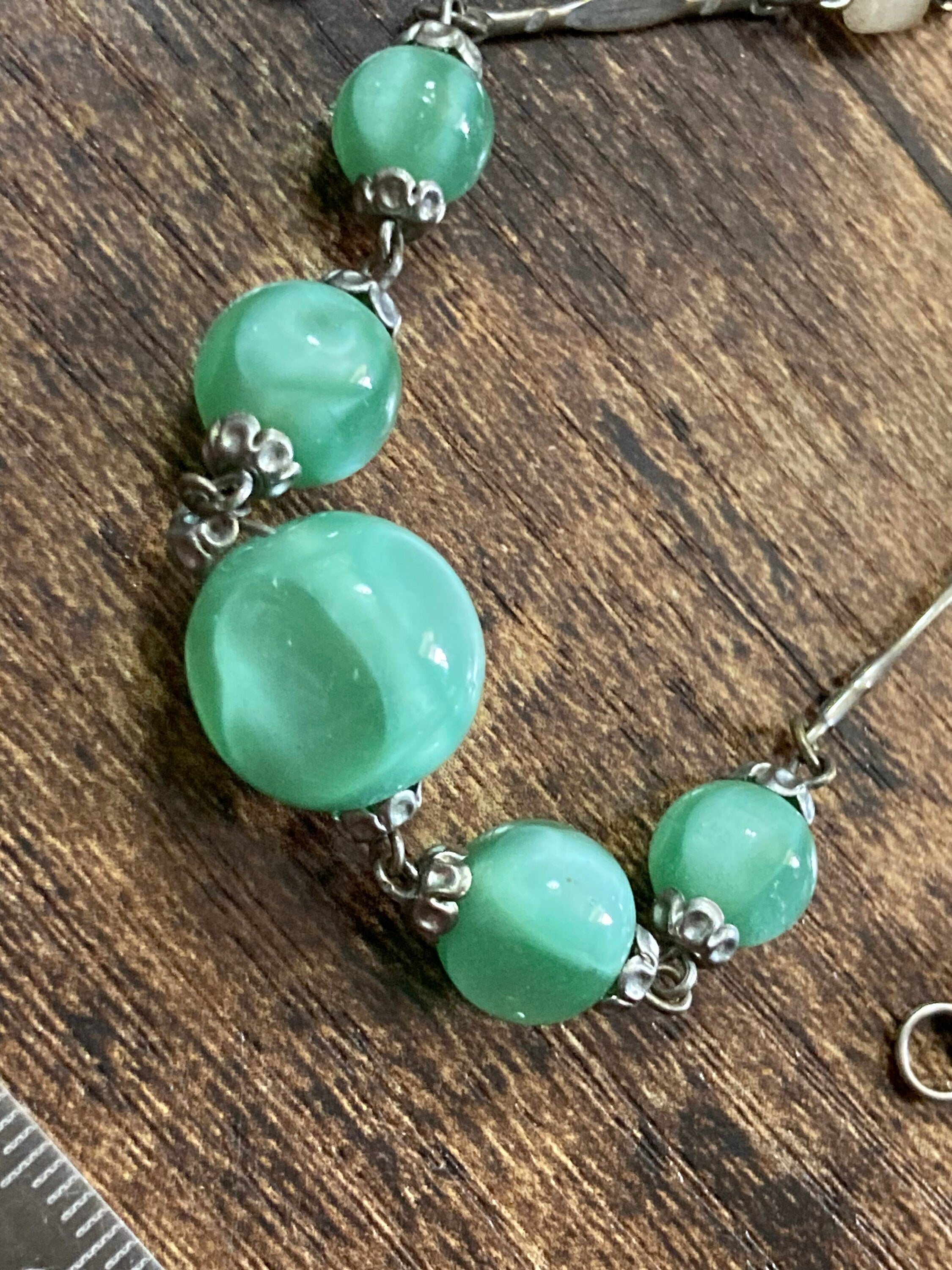 Petite Art Deco czech chrome silver metal choker necklace with green glass beads 39.5