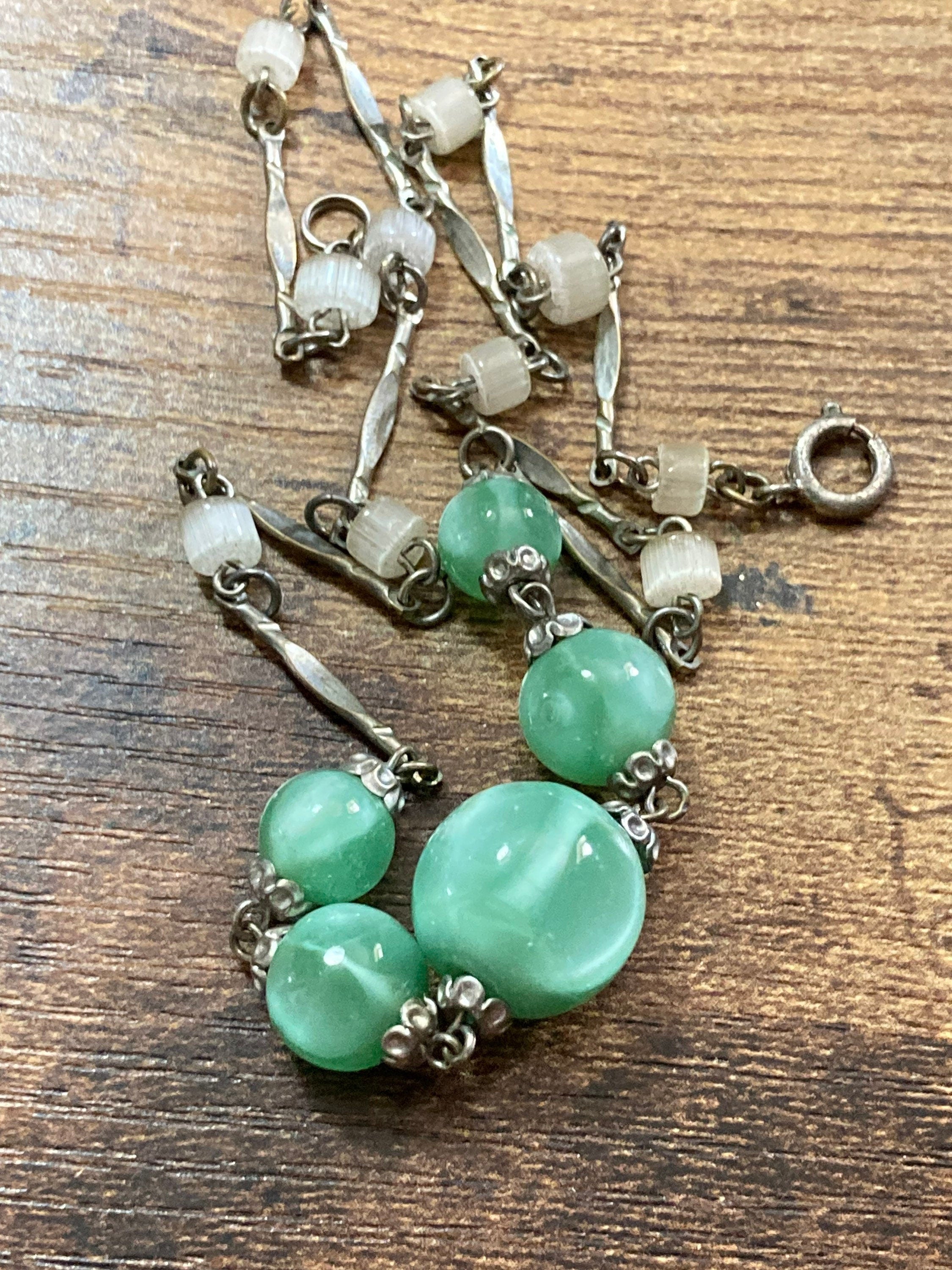 Petite Art Deco czech chrome silver metal choker necklace with green glass beads 39.5