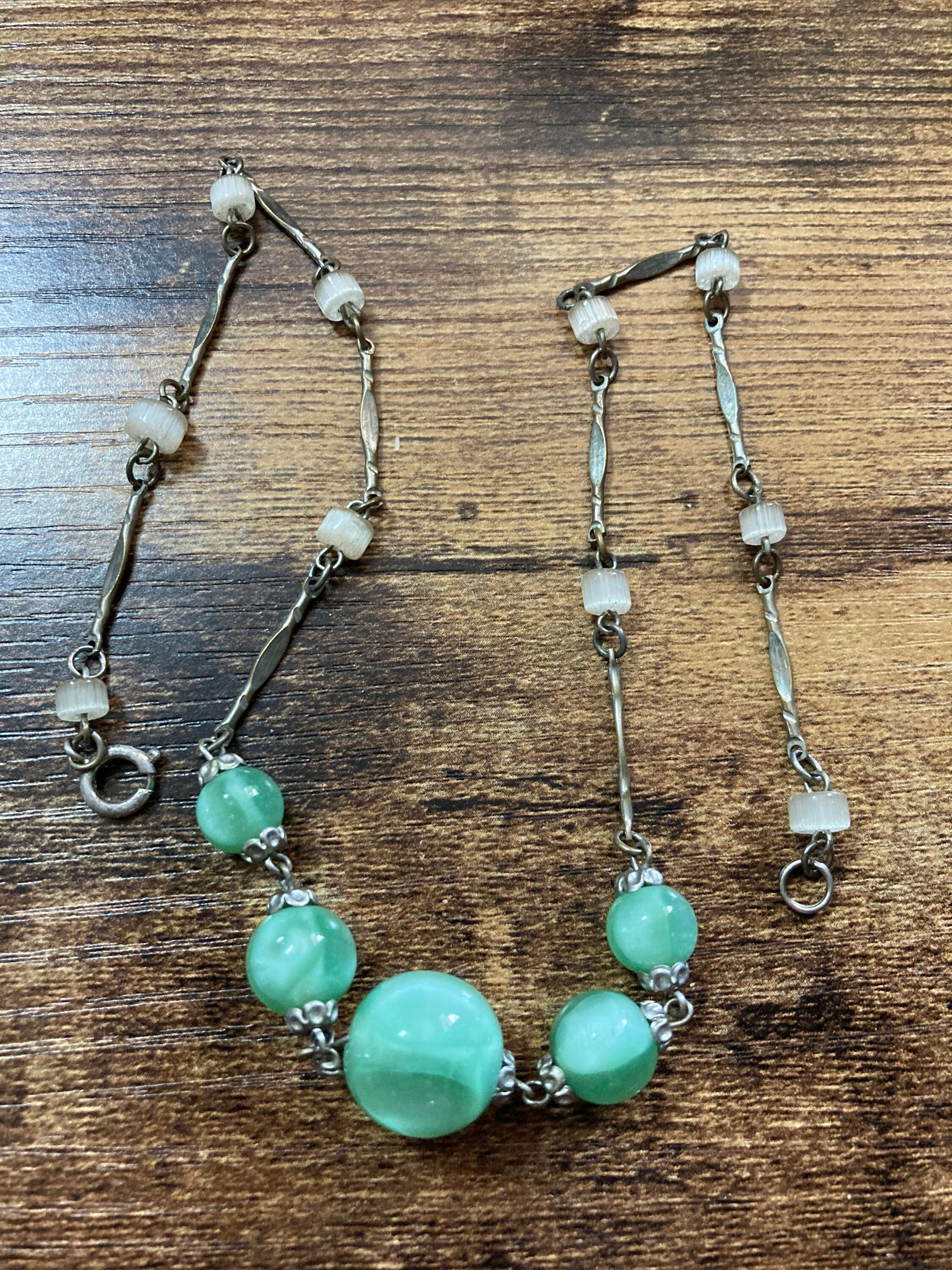 Petite Art Deco czech chrome silver metal choker necklace with green glass beads 39.5
