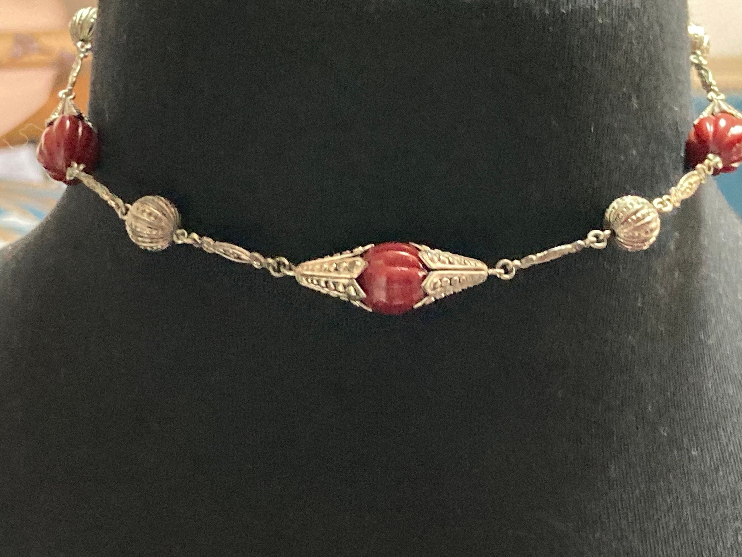 Czech silver filigree deep dark red beaded necklace 1920s art deco