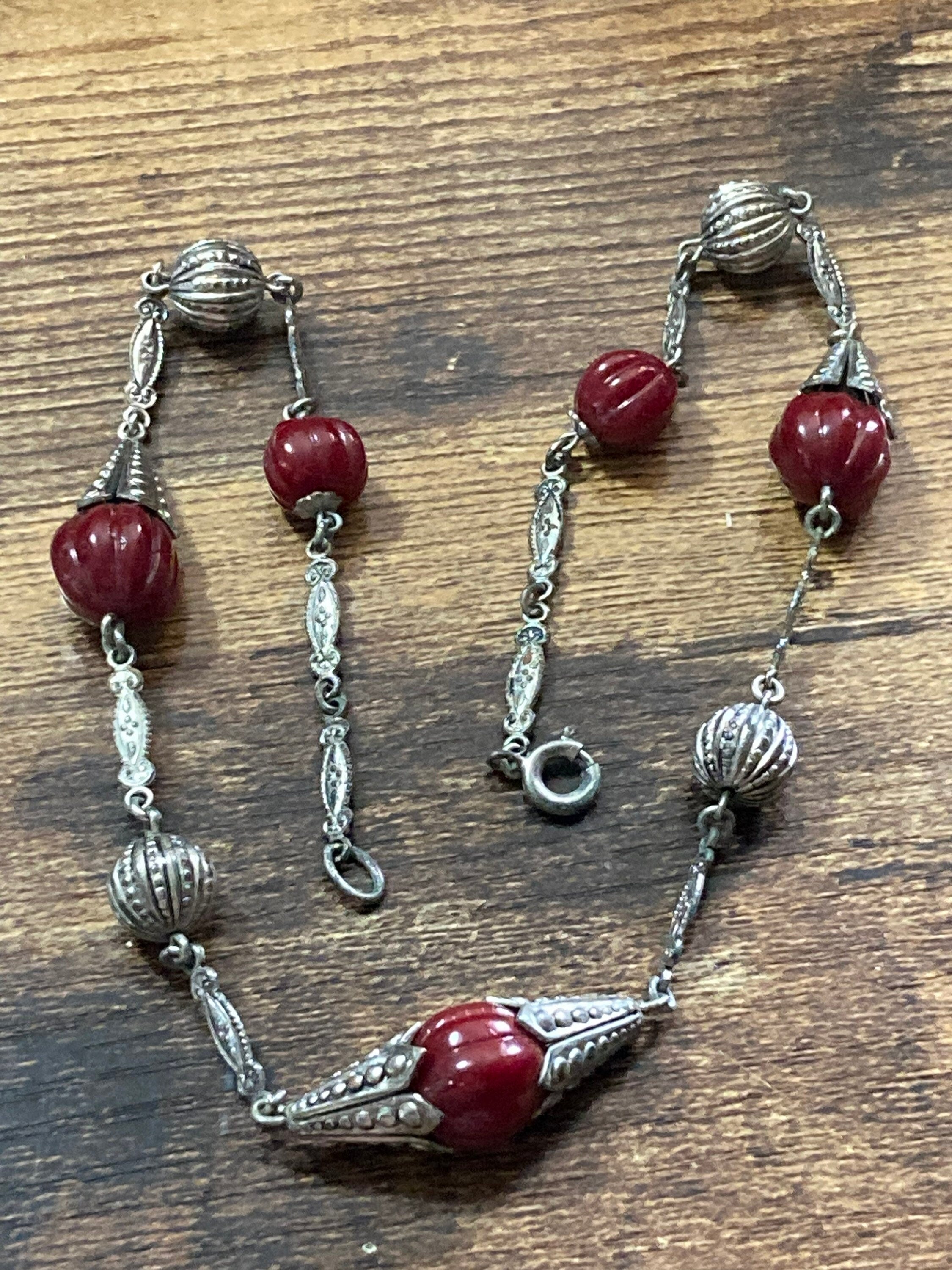 Czech silver filigree deep dark red beaded necklace 1920s art deco