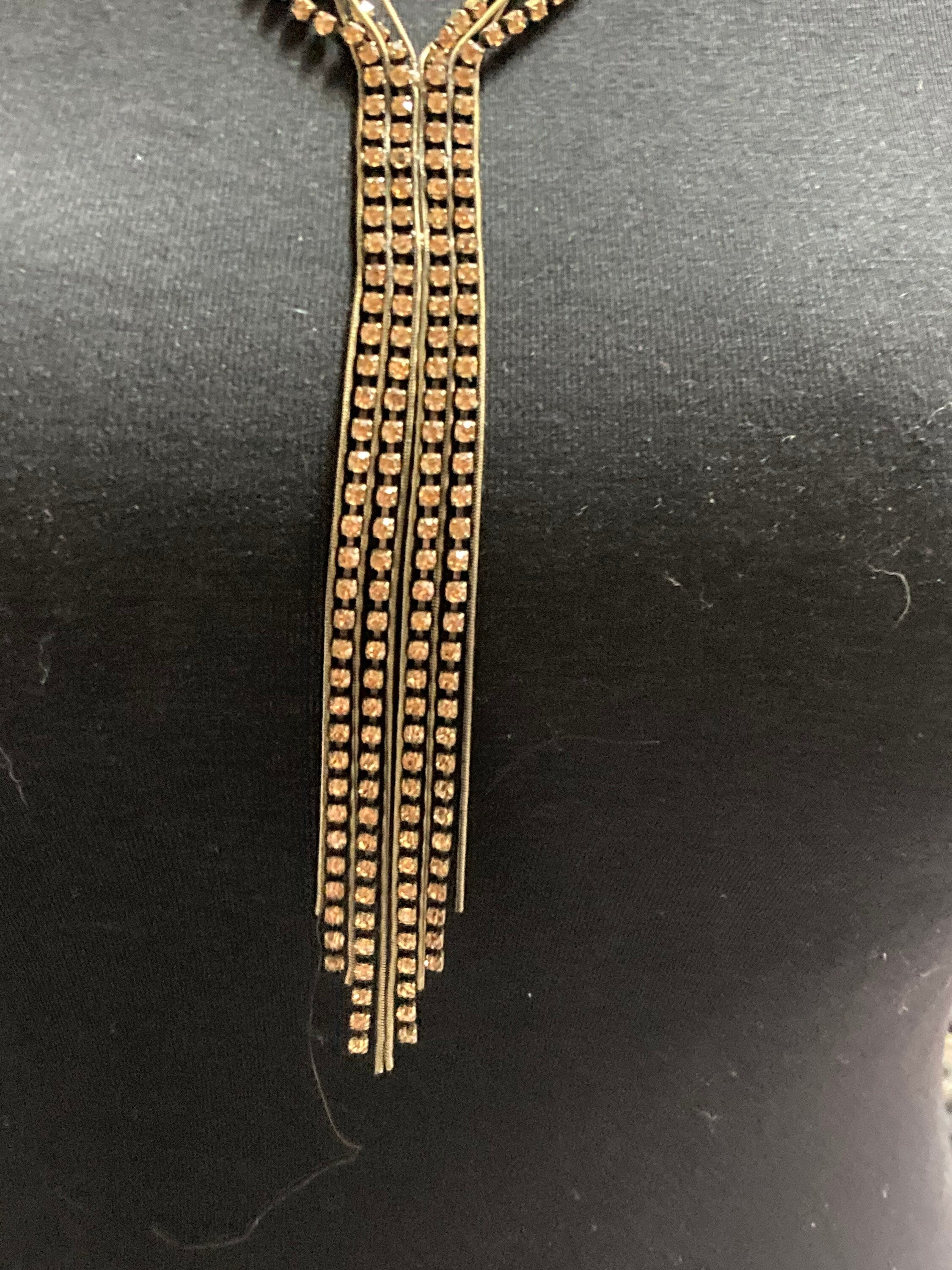 Retro brown cognac glass diamanté rhinestone waterfall drop necklace gold tone