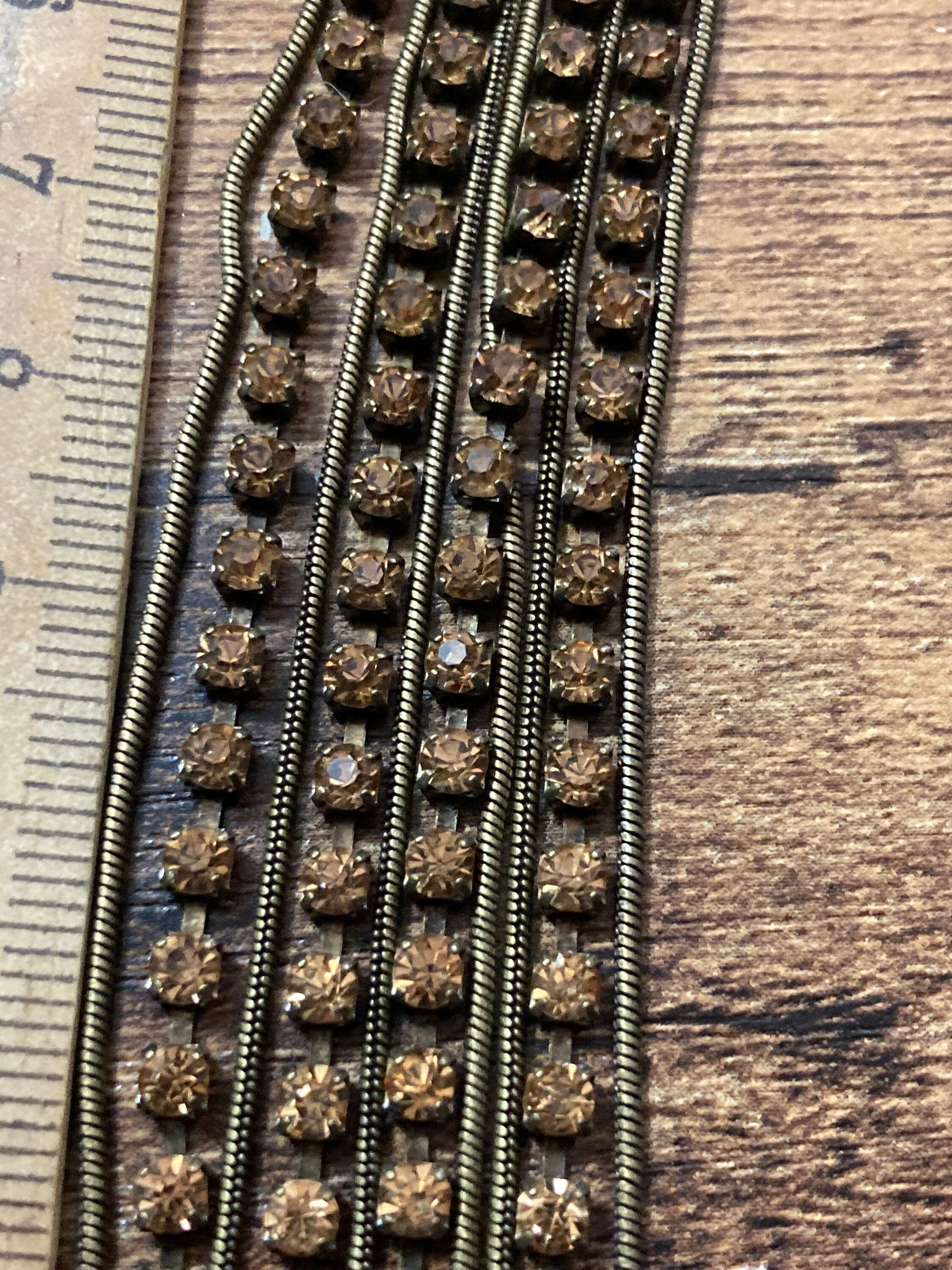 Retro brown cognac glass diamanté rhinestone waterfall drop necklace gold tone