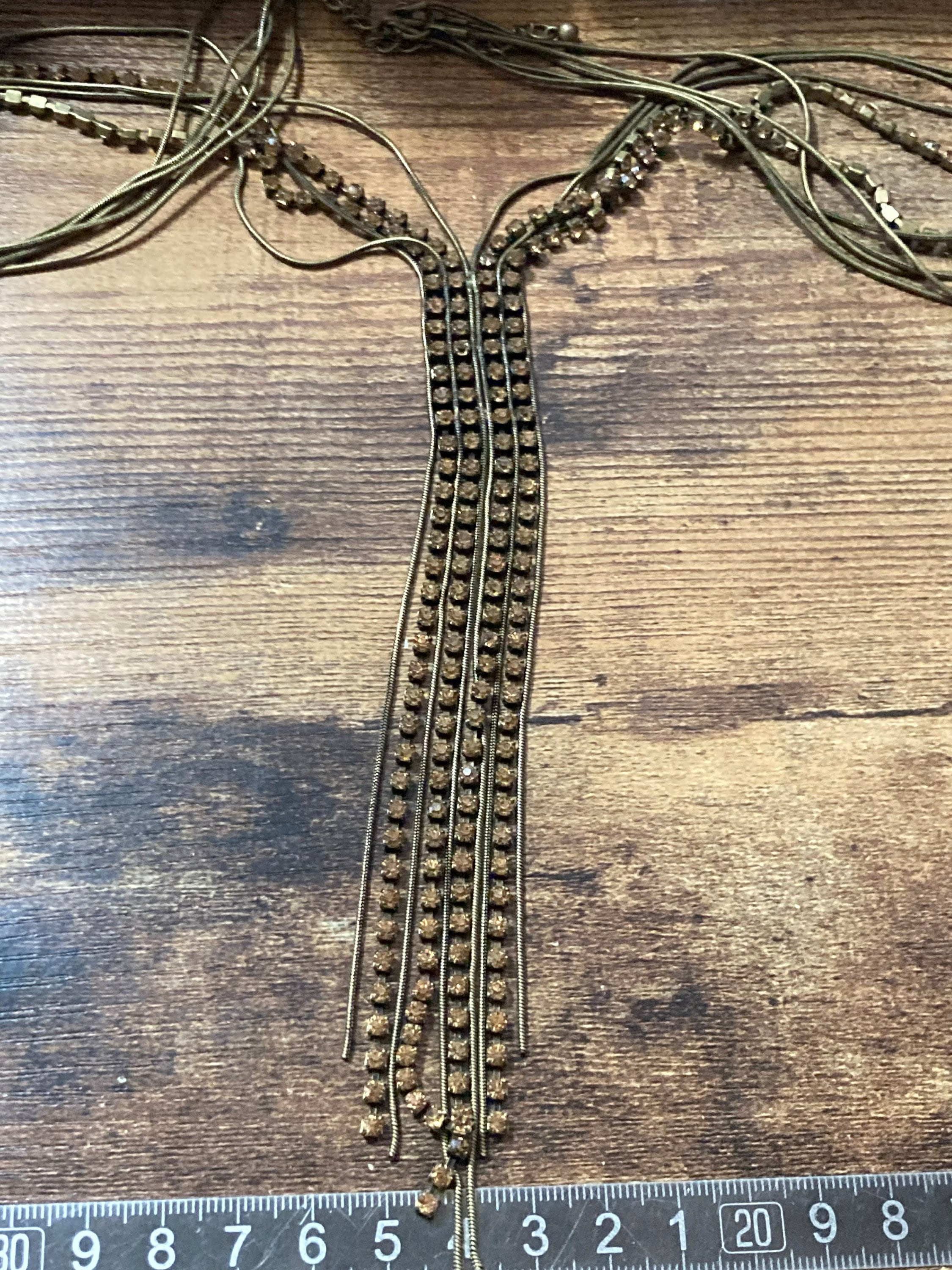 Retro brown cognac glass diamanté rhinestone waterfall drop necklace gold tone