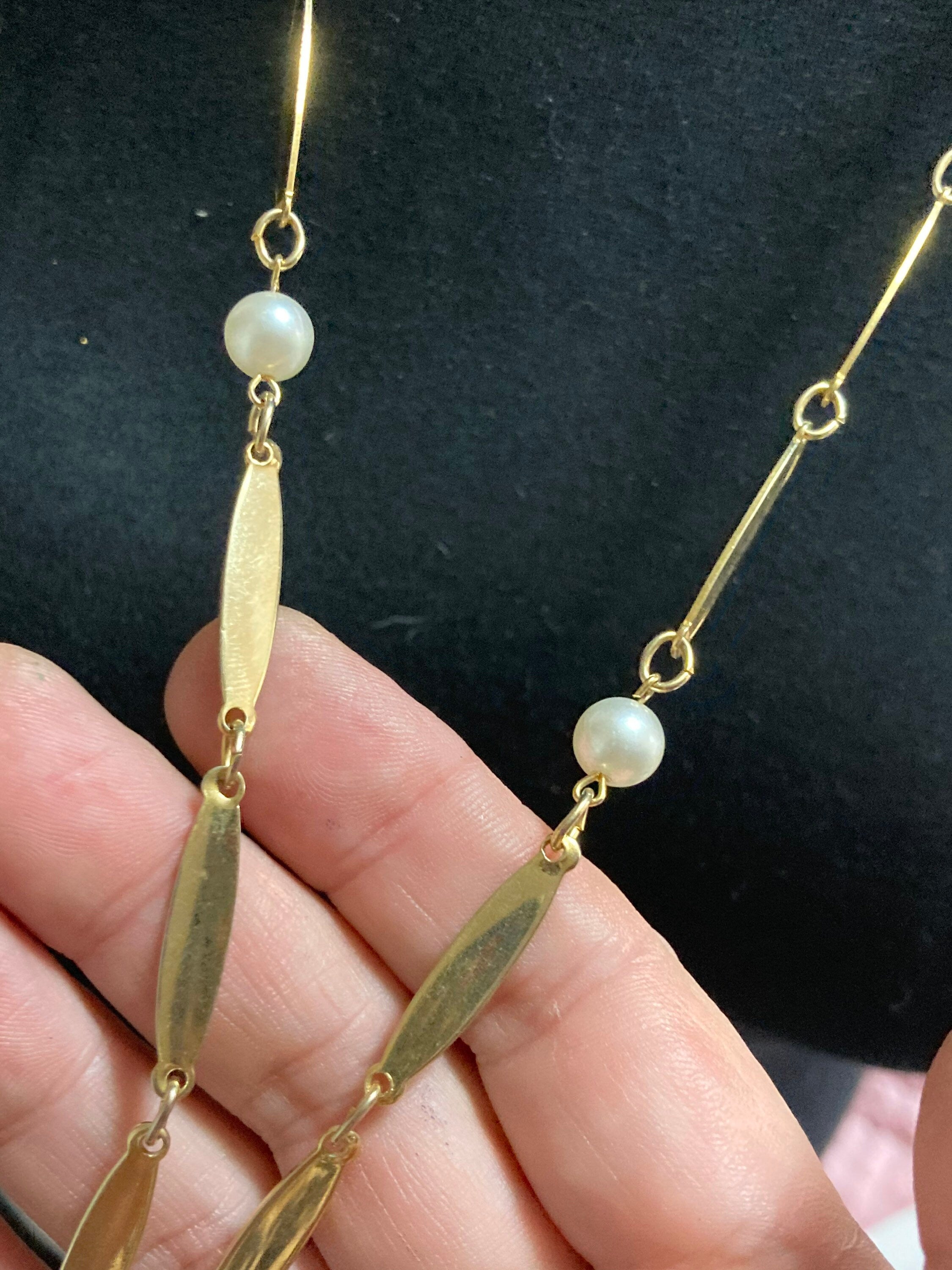Vintage faux Pearl gold tone station link Necklace