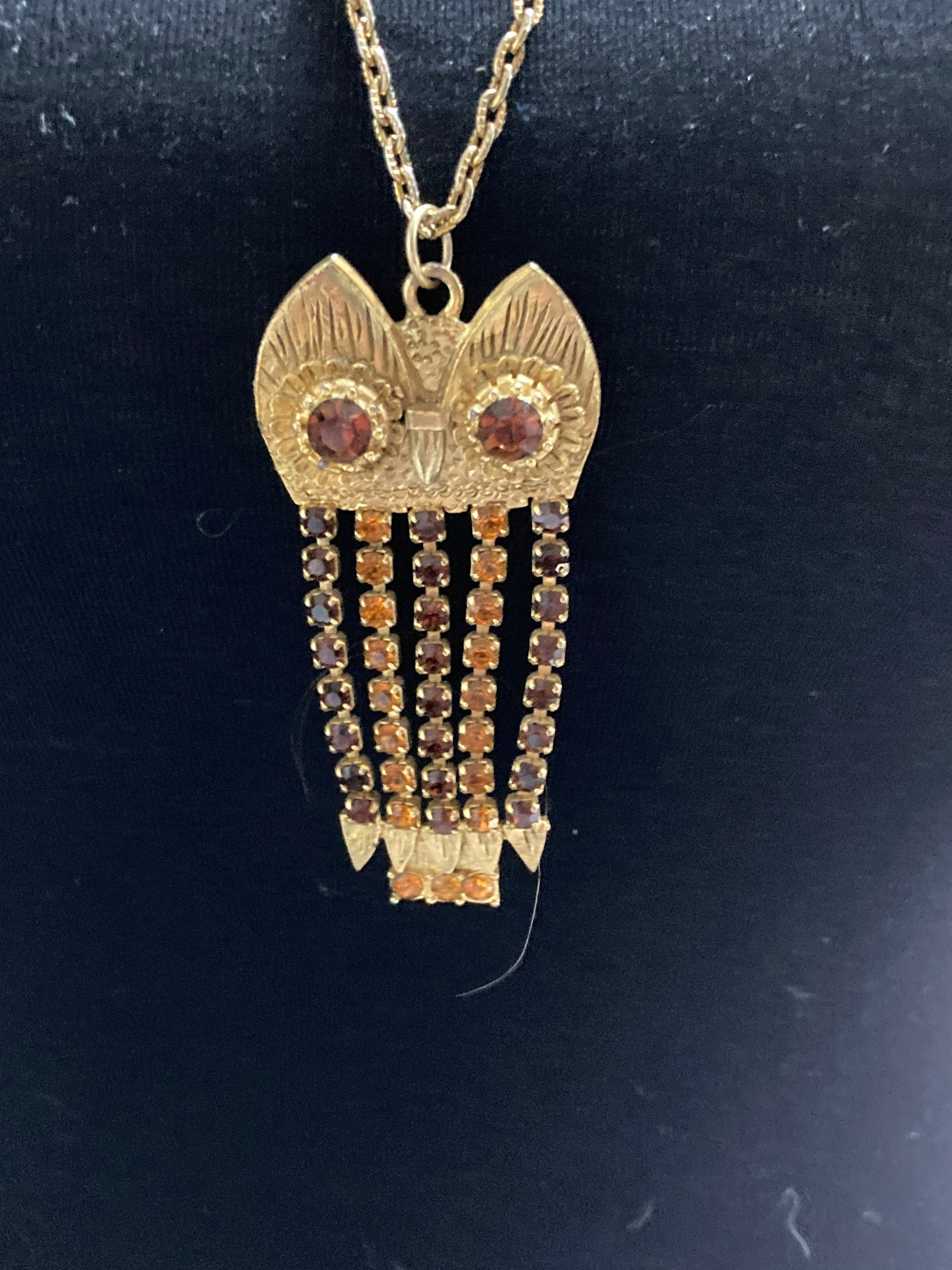 Owl necklace orange & brown cognac glass diamanté rhinestone drop pendant chain gold tone