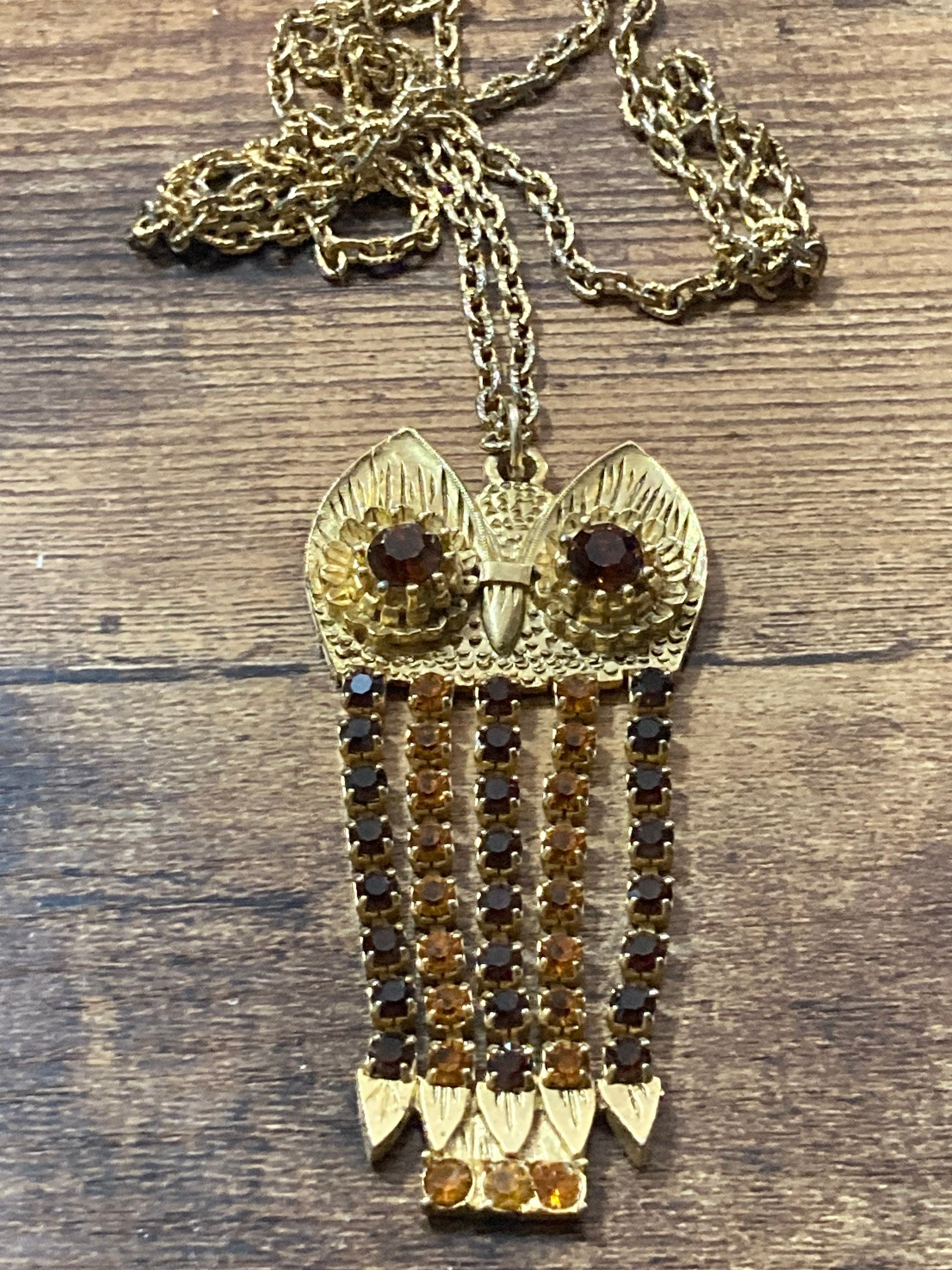 Owl necklace orange & brown cognac glass diamanté rhinestone drop pendant chain gold tone