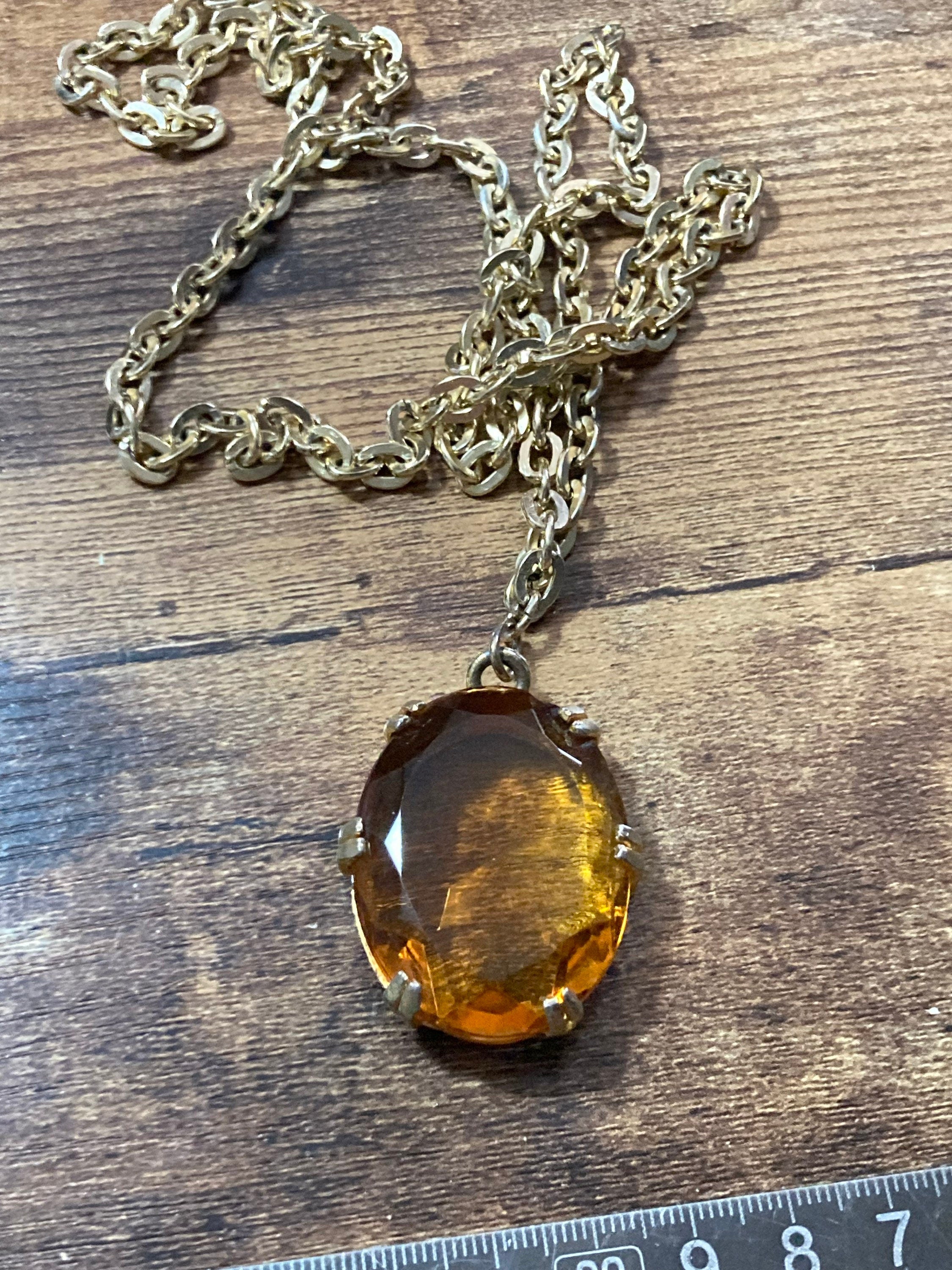 orange faceted Glass pendant on 80cm aluminium lightweight  chain Vintage