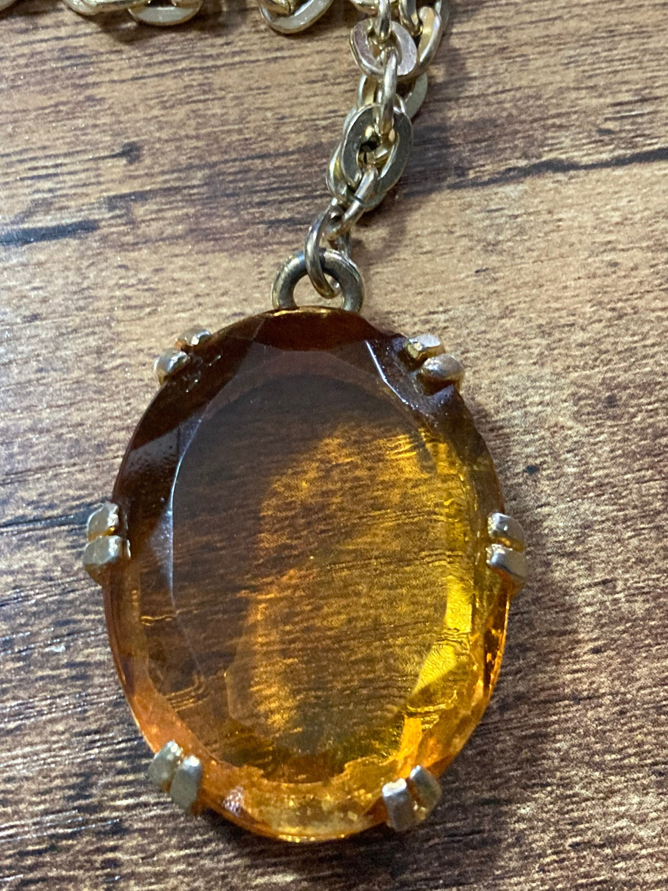 orange faceted Glass pendant on 80cm aluminium lightweight  chain Vintage