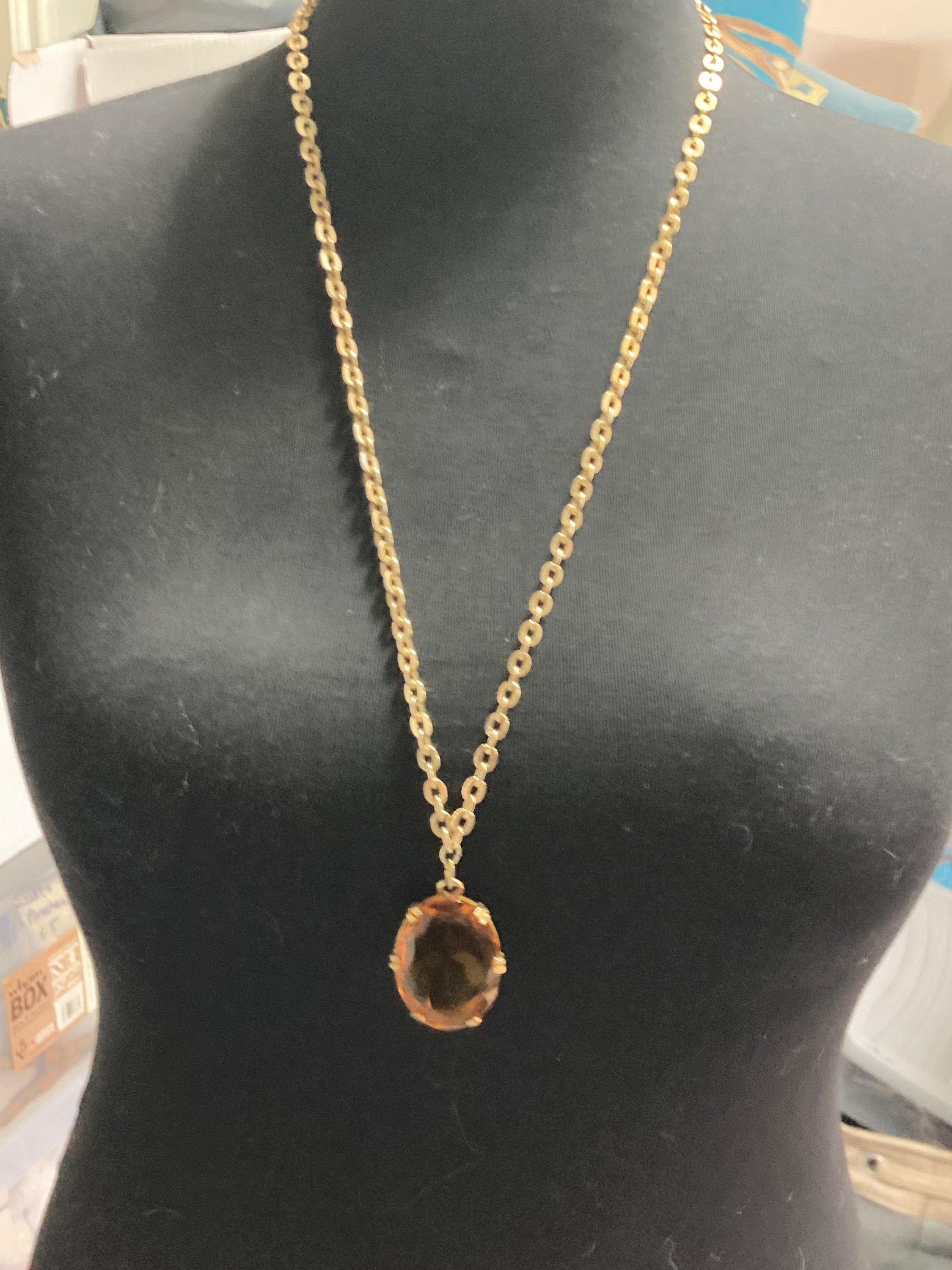 orange faceted Glass pendant on 80cm aluminium lightweight  chain Vintage