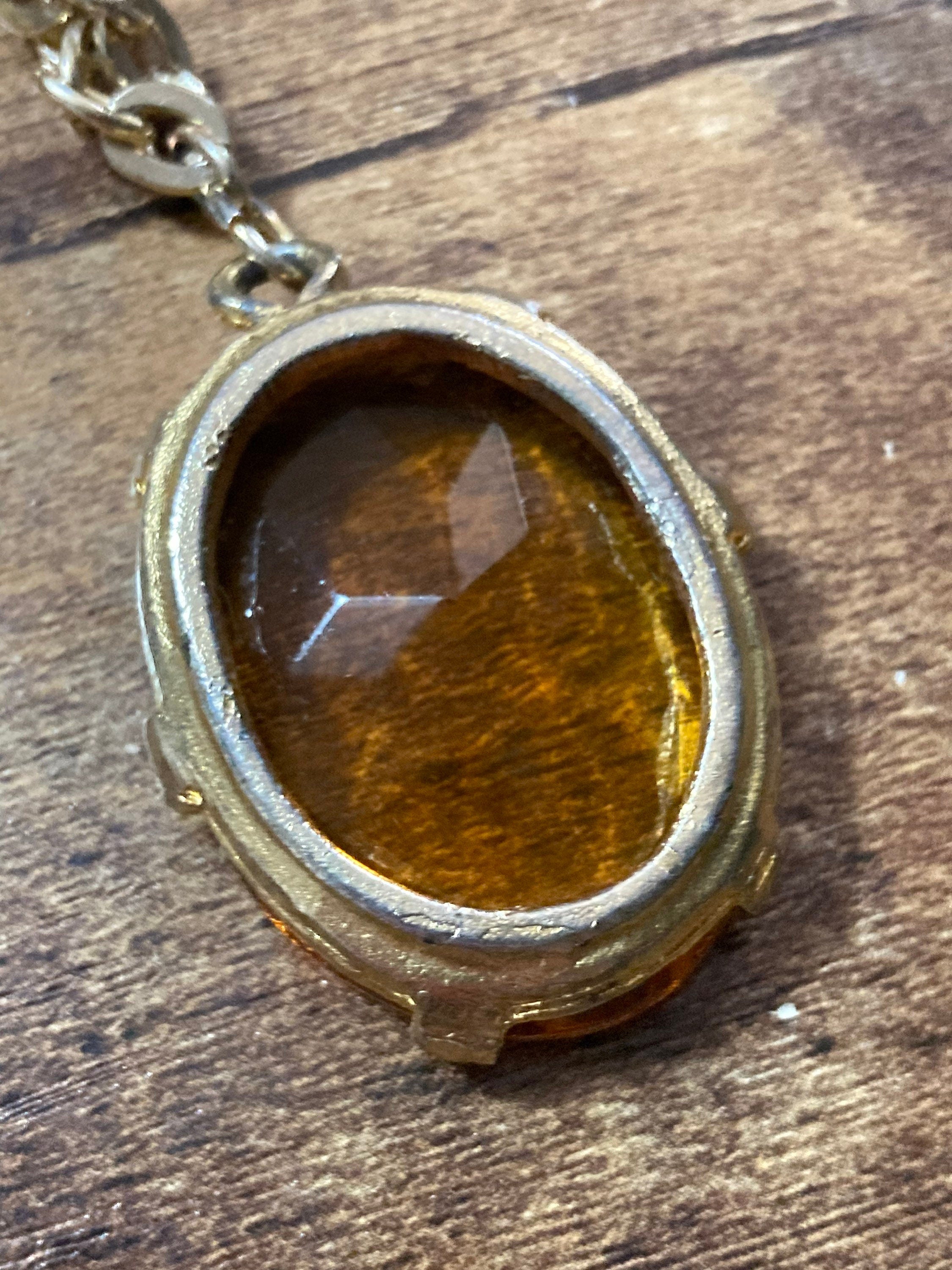 orange faceted Glass pendant on 80cm aluminium lightweight  chain Vintage