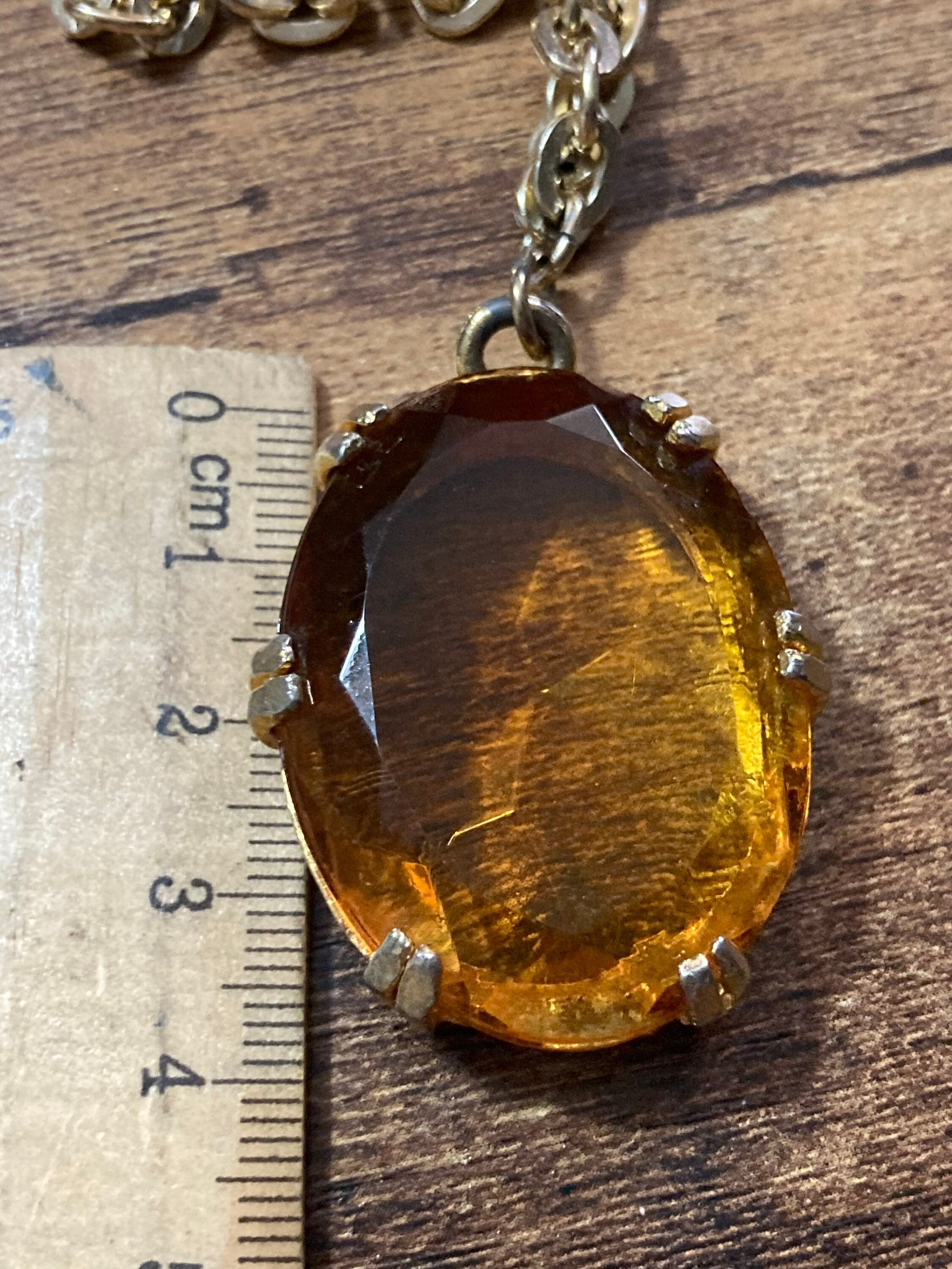 orange faceted Glass pendant on 80cm aluminium lightweight  chain Vintage