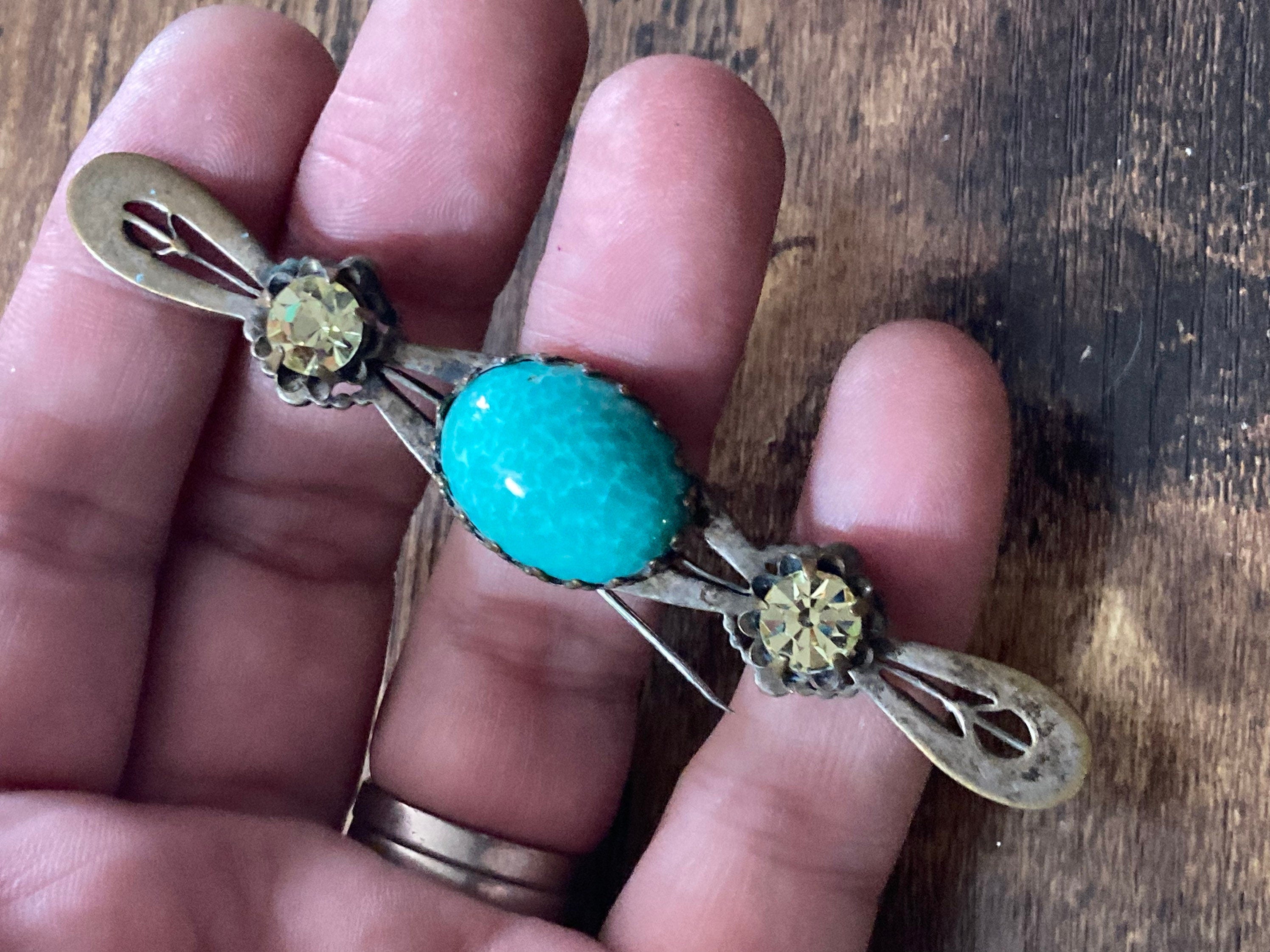 Long 9cm Czech brass bar Brooch with Peking Glass and topaz diamanté 9cm