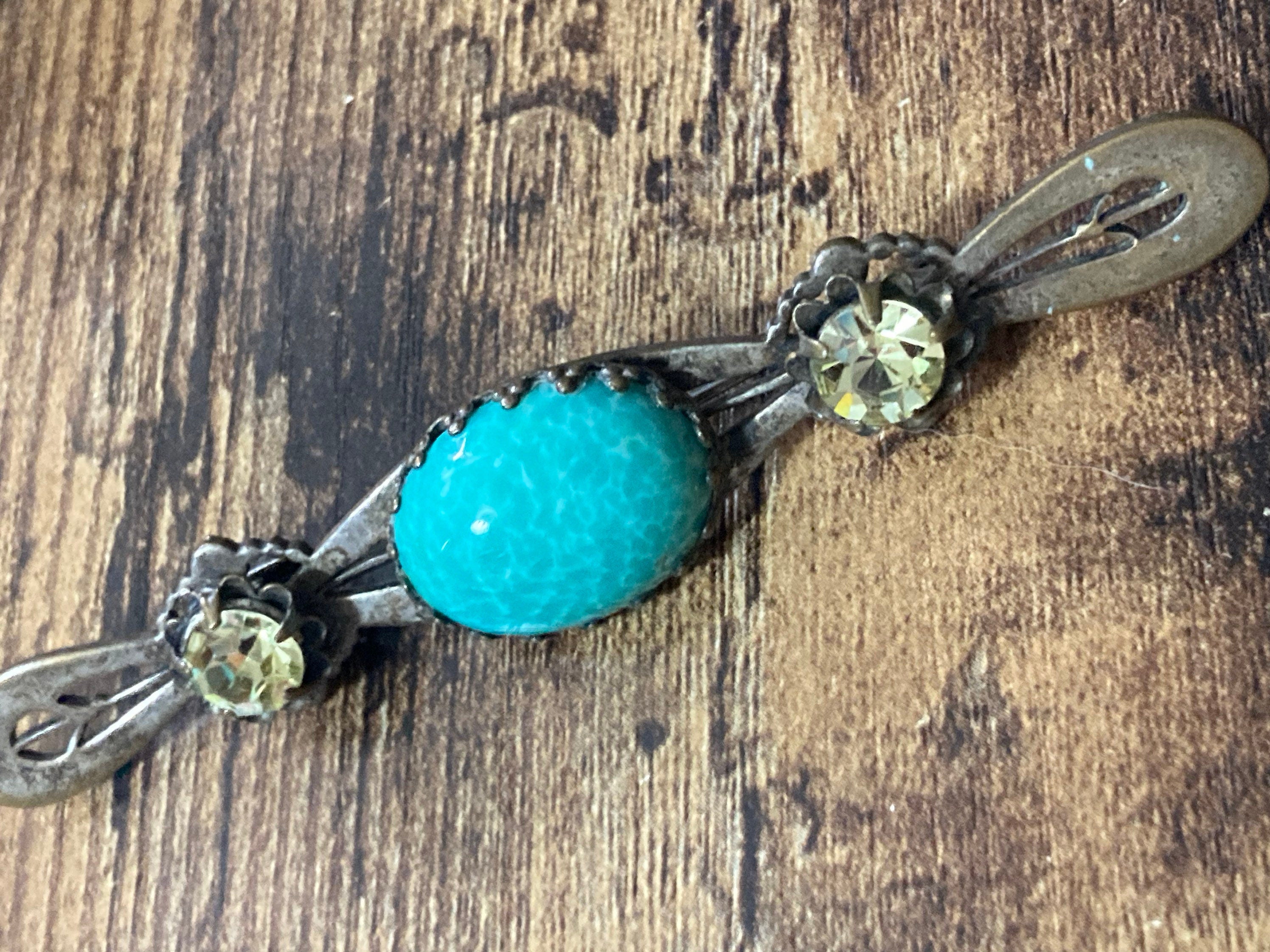 Long 9cm Czech brass bar Brooch with Peking Glass and topaz diamanté 9cm