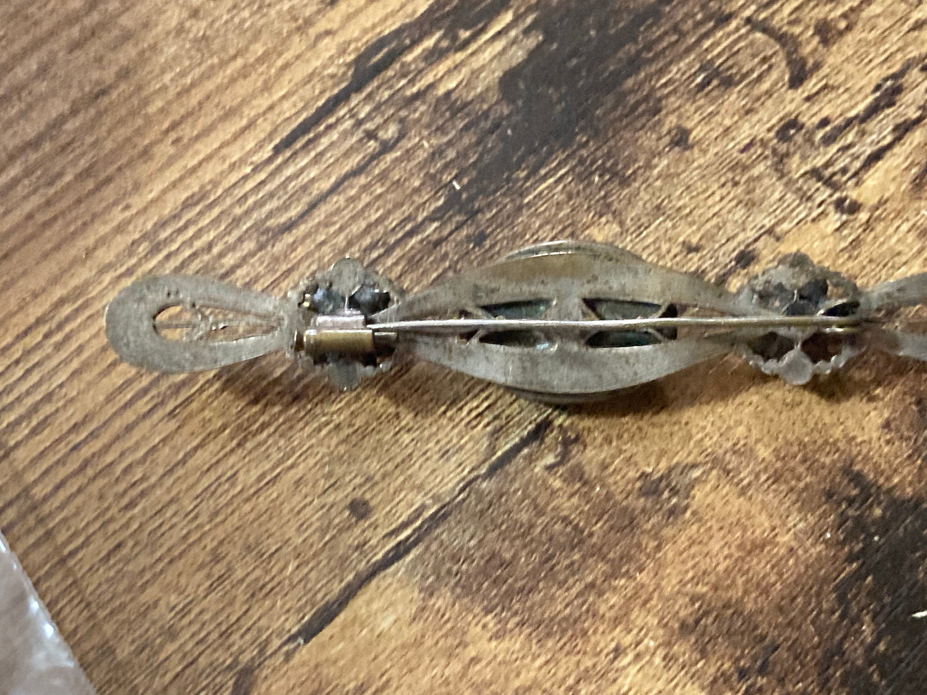 Long 9cm Czech brass bar Brooch with Peking Glass and topaz diamanté 9cm