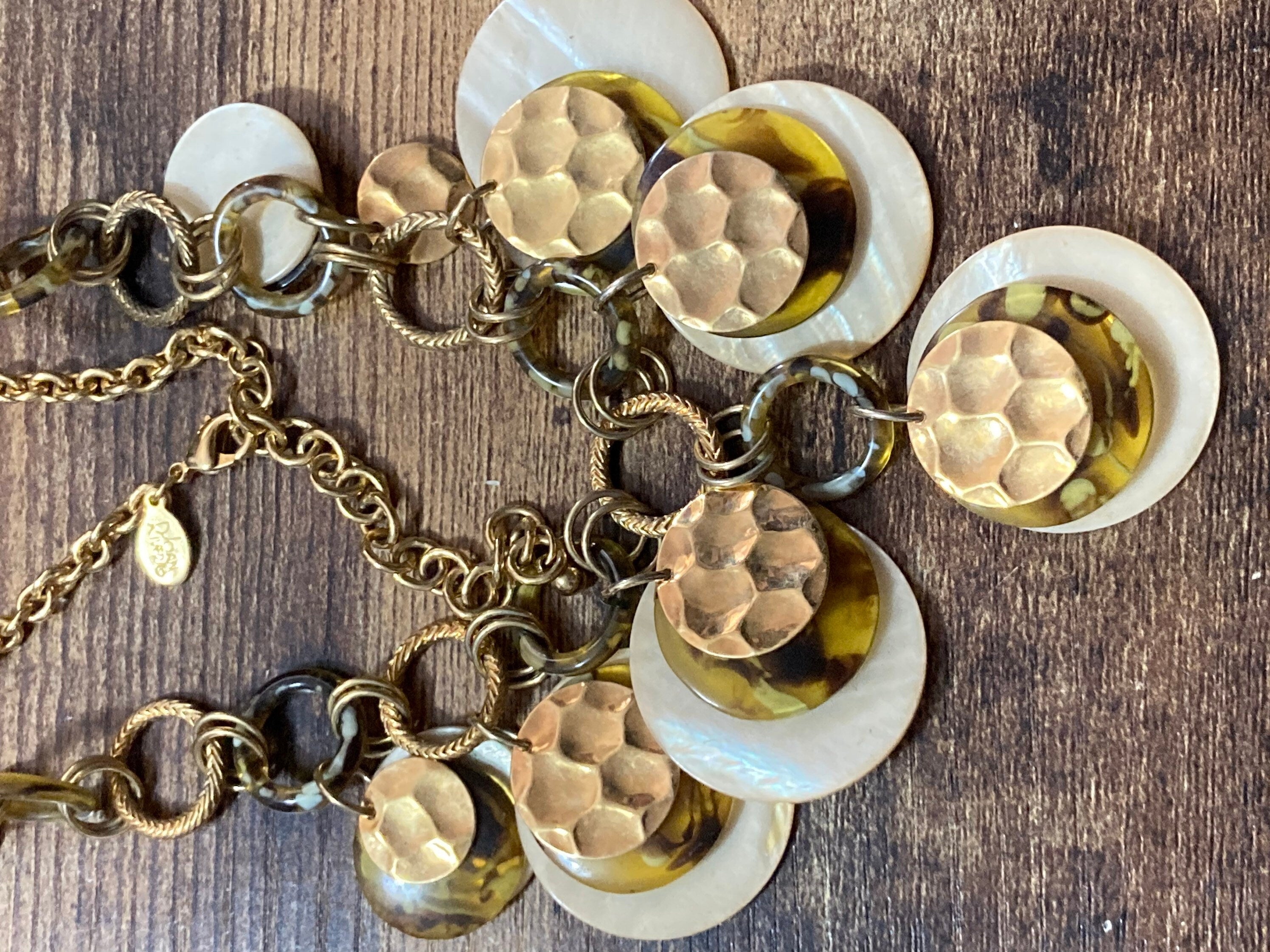 Signed Joan rivers gold tone faux tortoiseshell cream disc Bib necklace