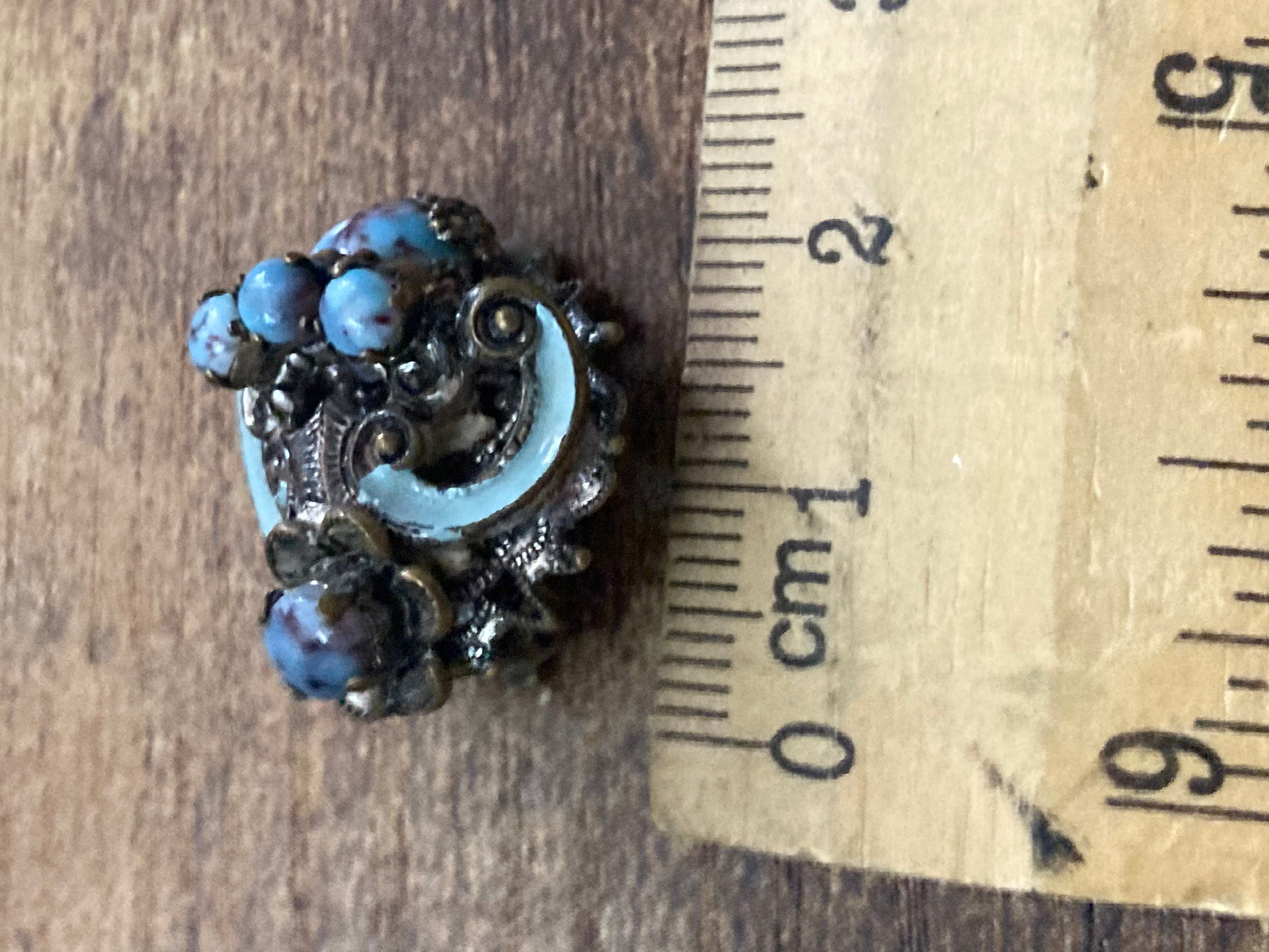 Vintage Czech brass Turquoise glass cabochon clip on earrings