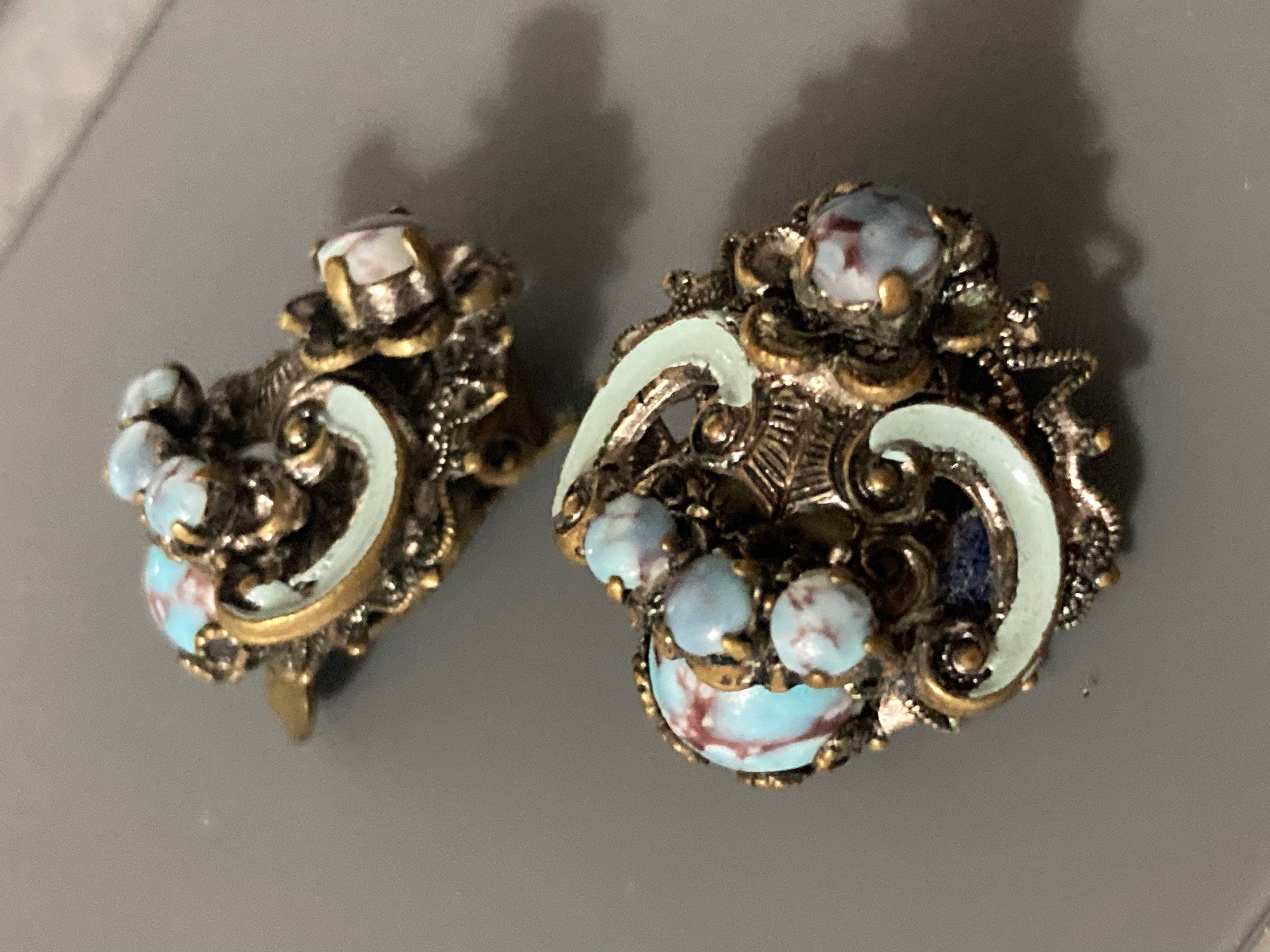 Vintage Czech brass Turquoise glass cabochon clip on earrings