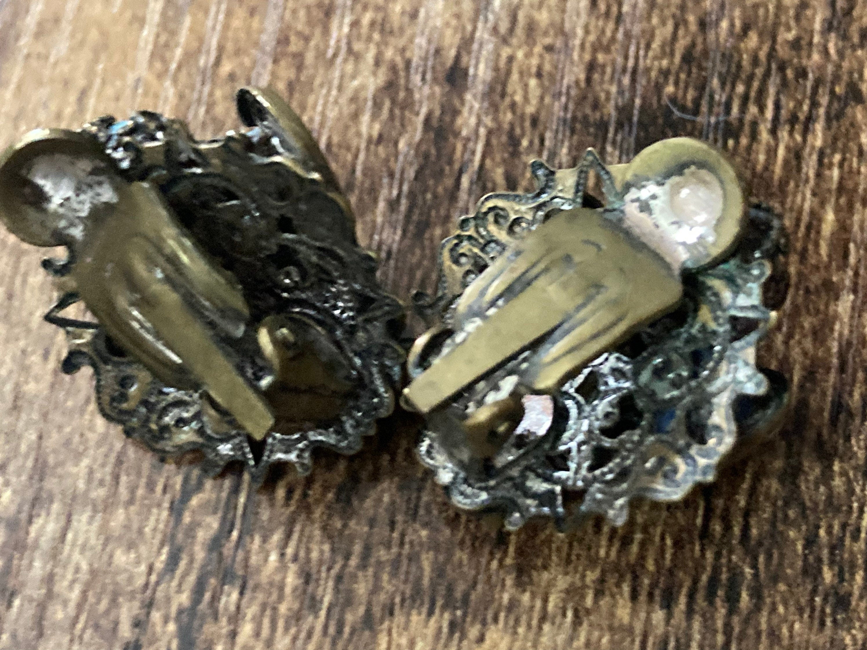 Vintage Czech brass Turquoise glass cabochon clip on earrings