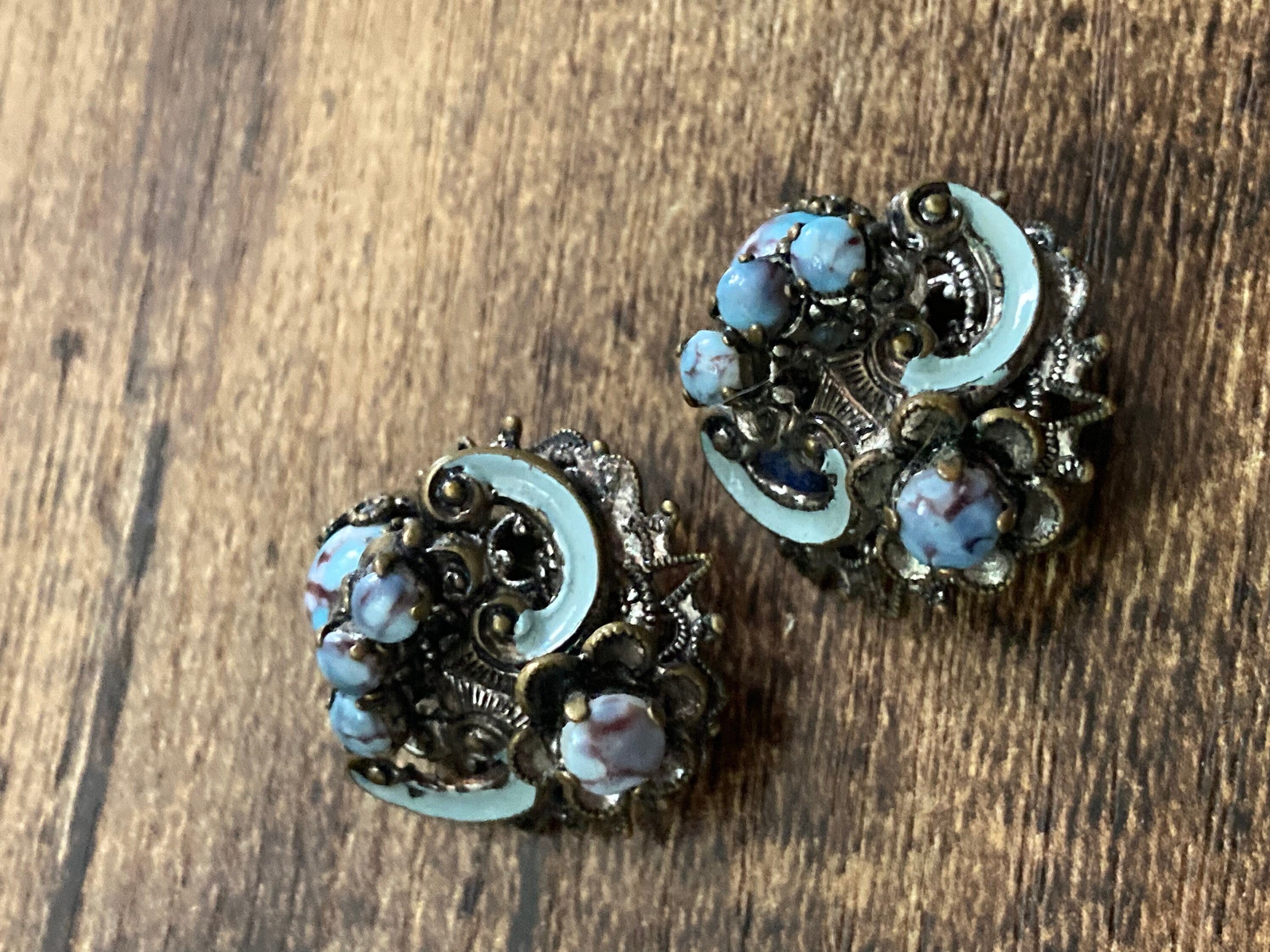 Vintage Czech brass Turquoise glass cabochon clip on earrings