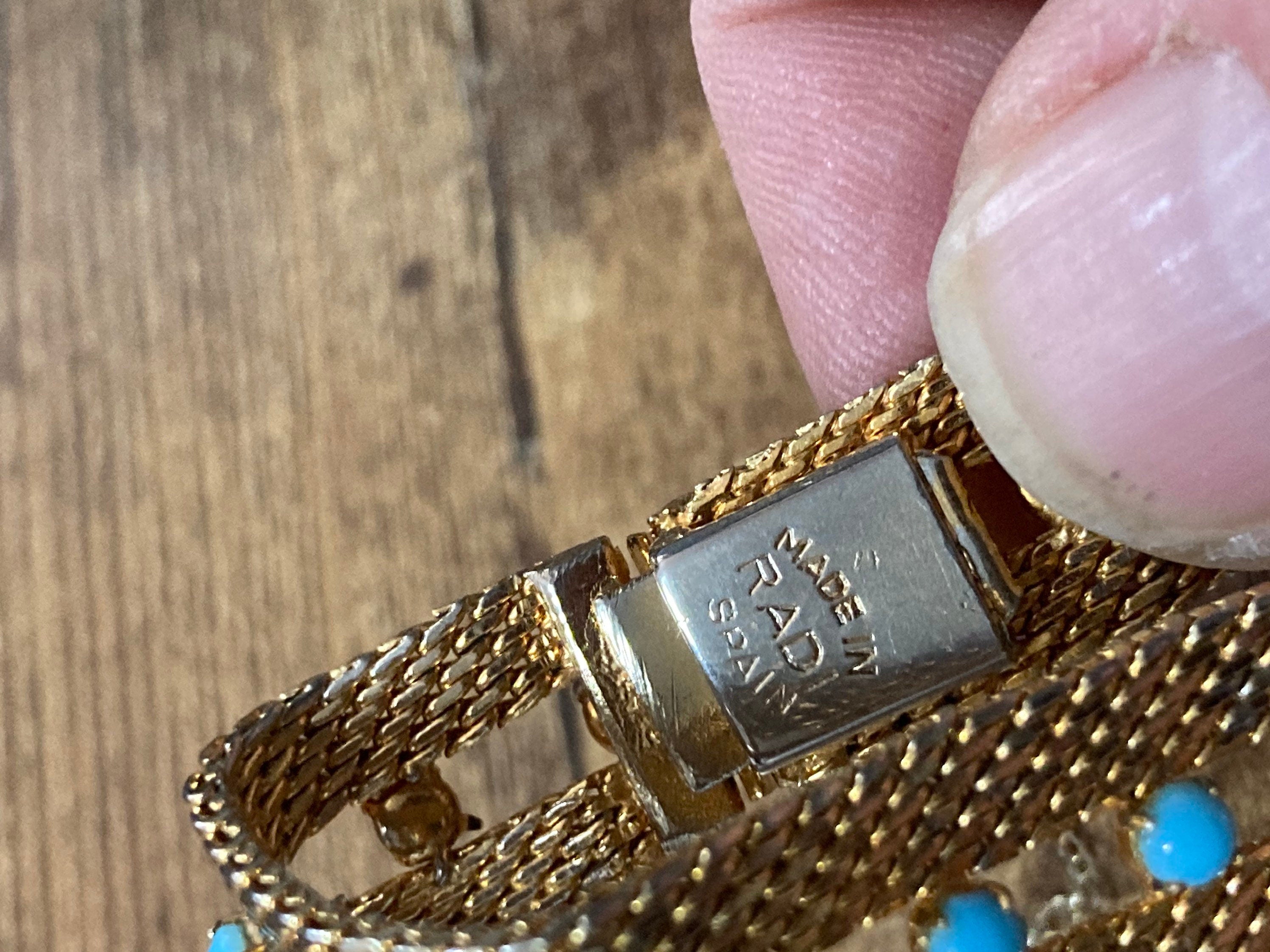 Signed RADI of Spain flat link textured gold tone mesh cuff bracelet turquoise