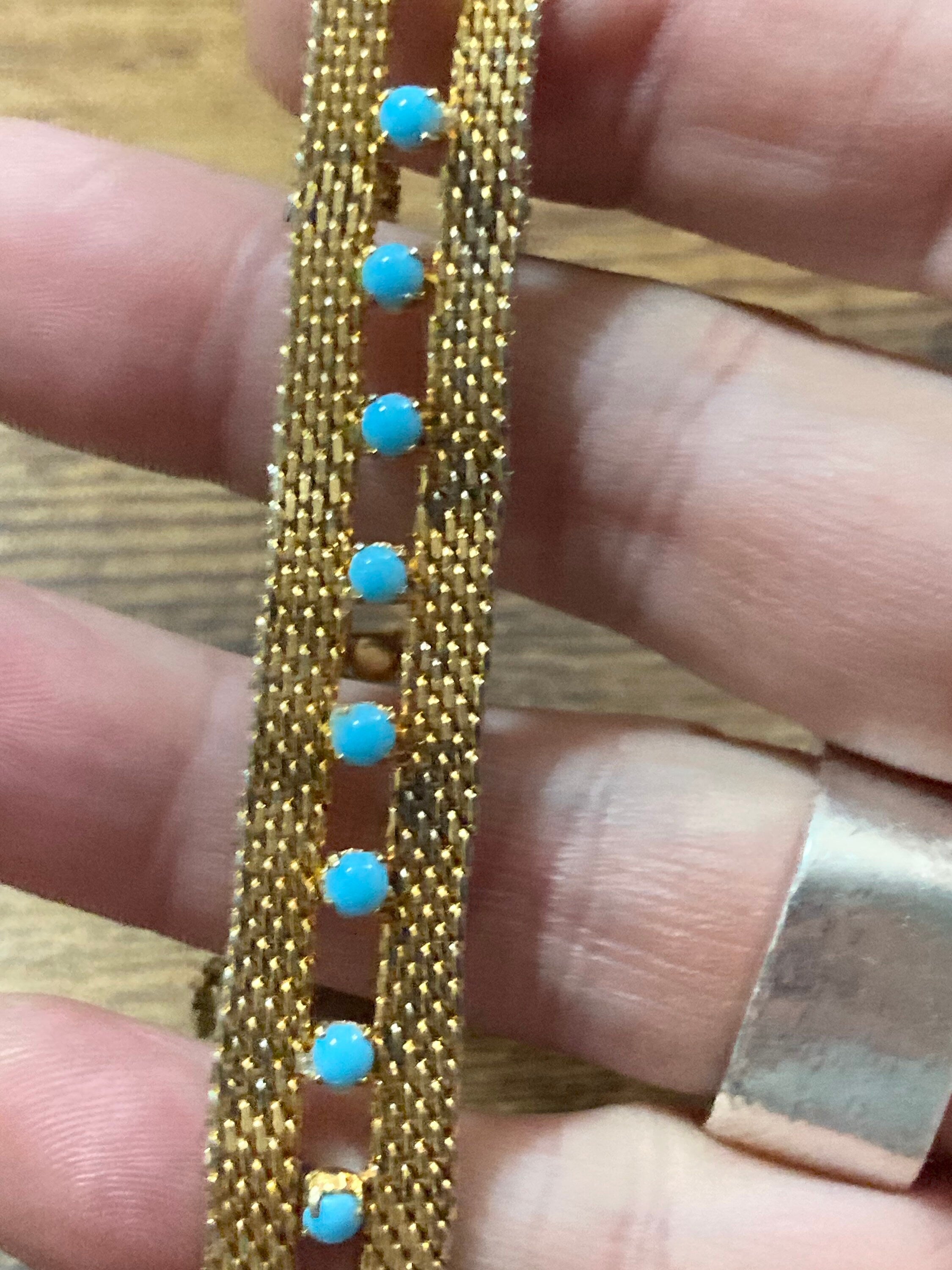 Signed RADI of Spain flat link textured gold tone mesh cuff bracelet turquoise