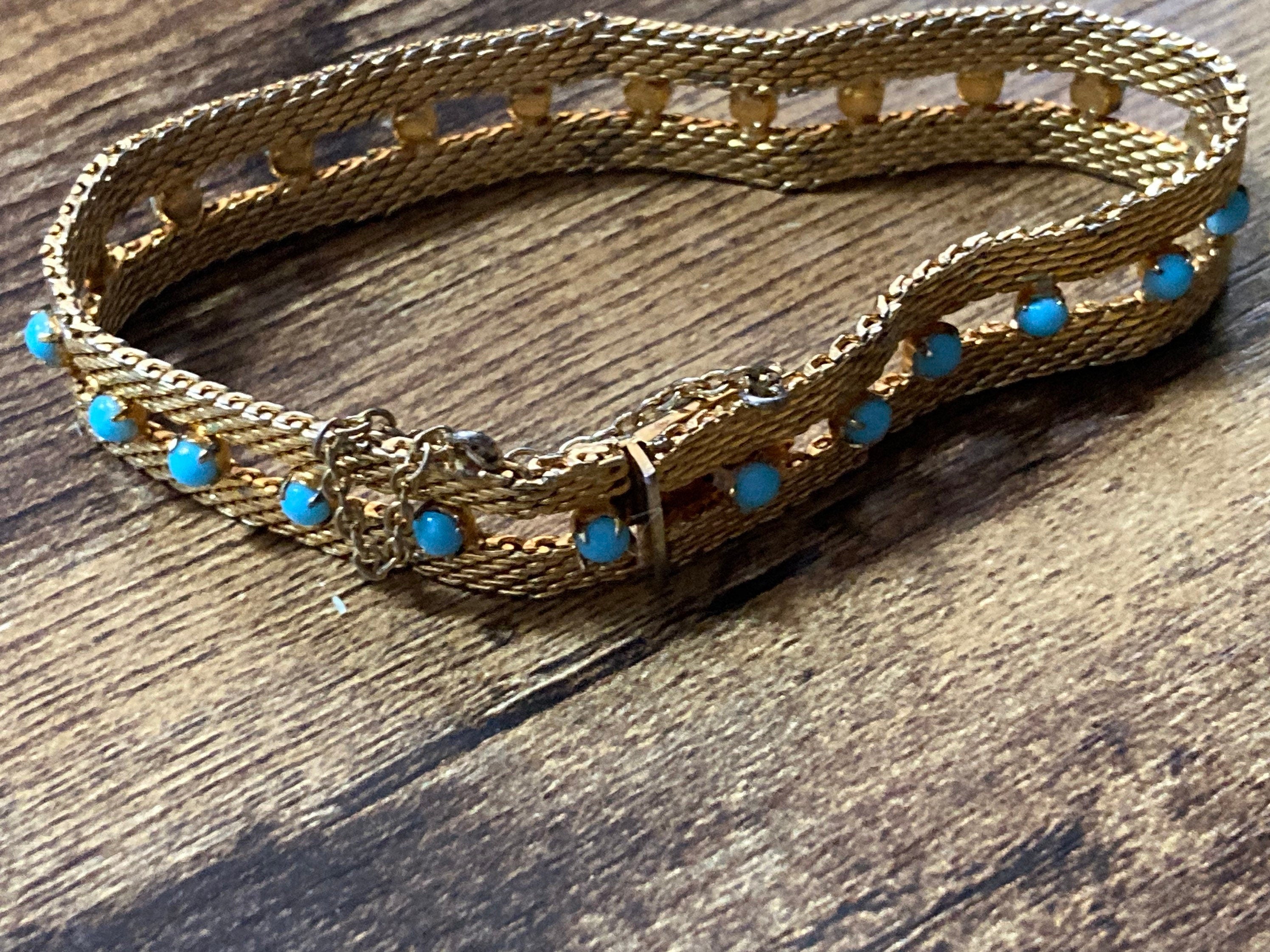 Signed RADI of Spain flat link textured gold tone mesh cuff bracelet turquoise