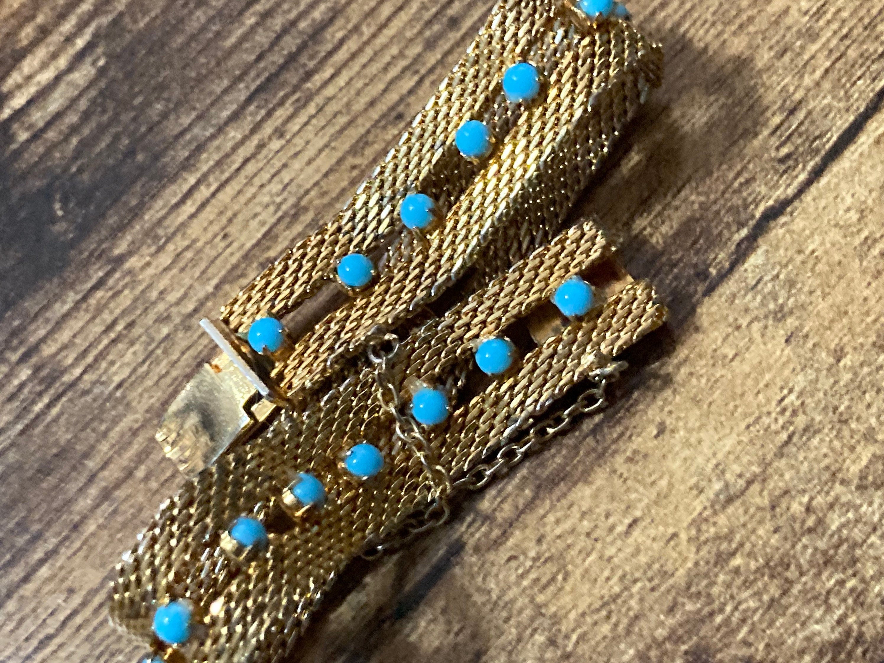 Signed RADI of Spain flat link textured gold tone mesh cuff bracelet turquoise