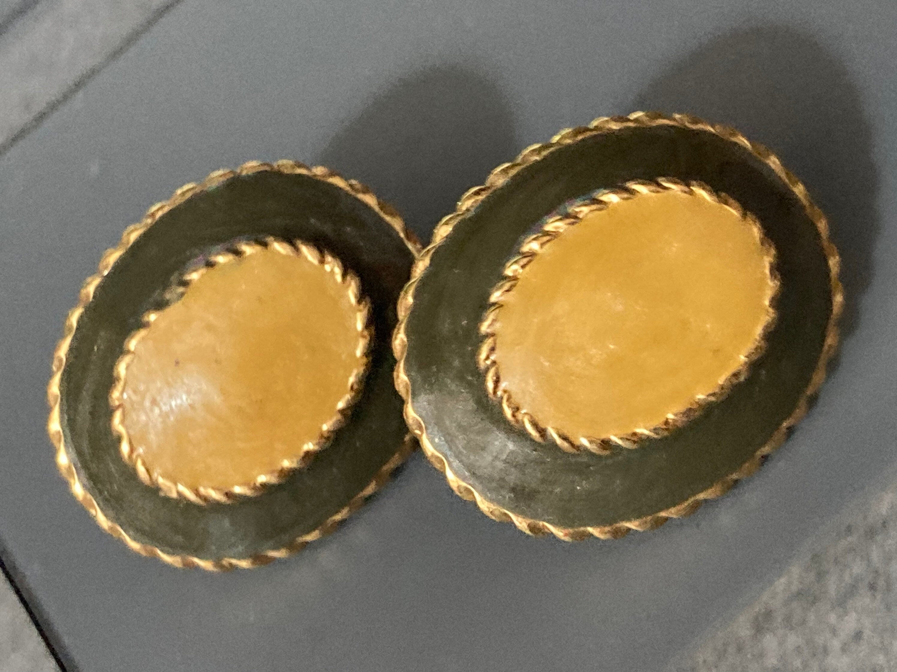 Vintage gold tone olive green enamel beige cream Oval pair stud earrings