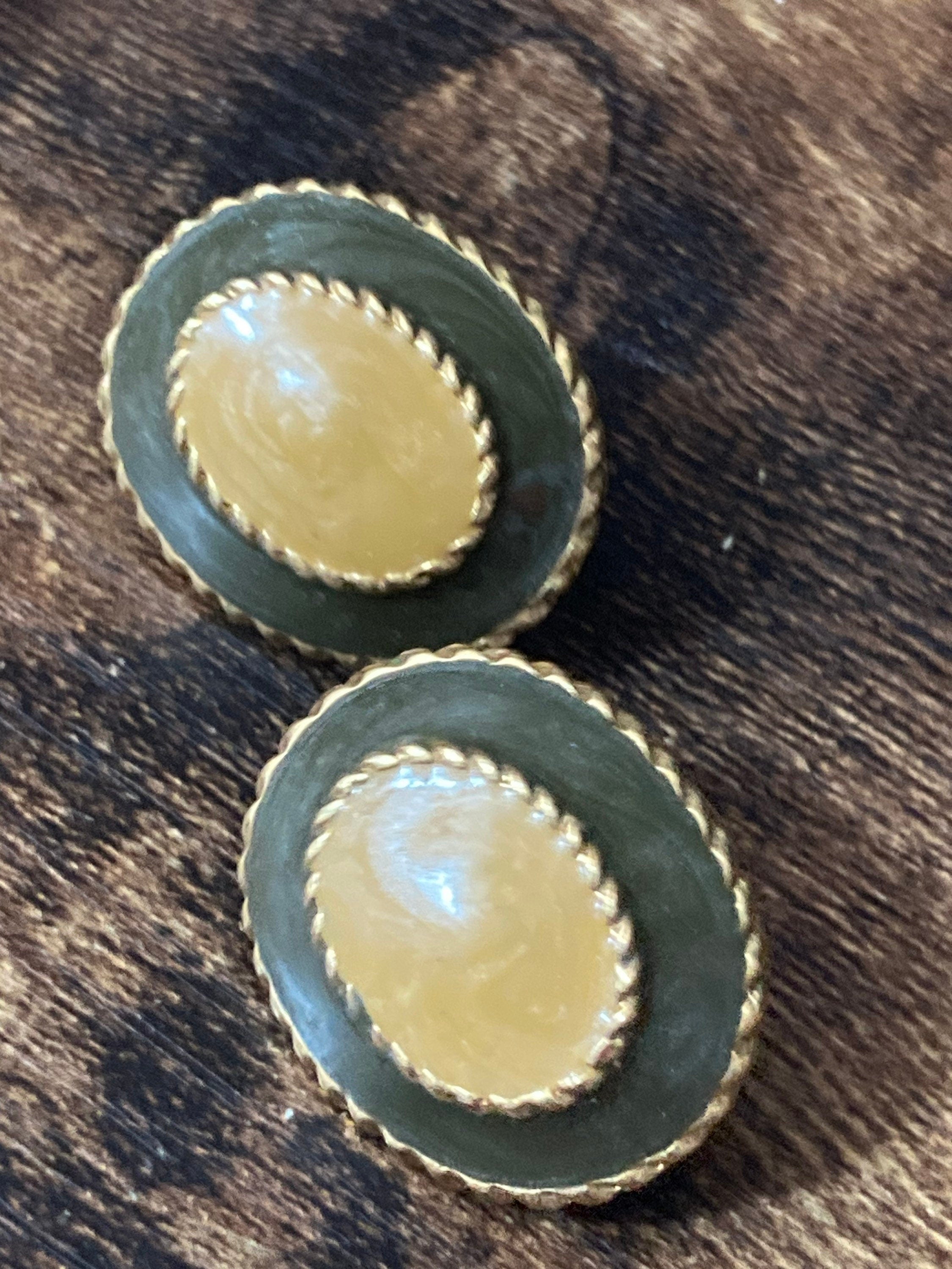 Vintage gold tone olive green enamel beige cream Oval pair stud earrings