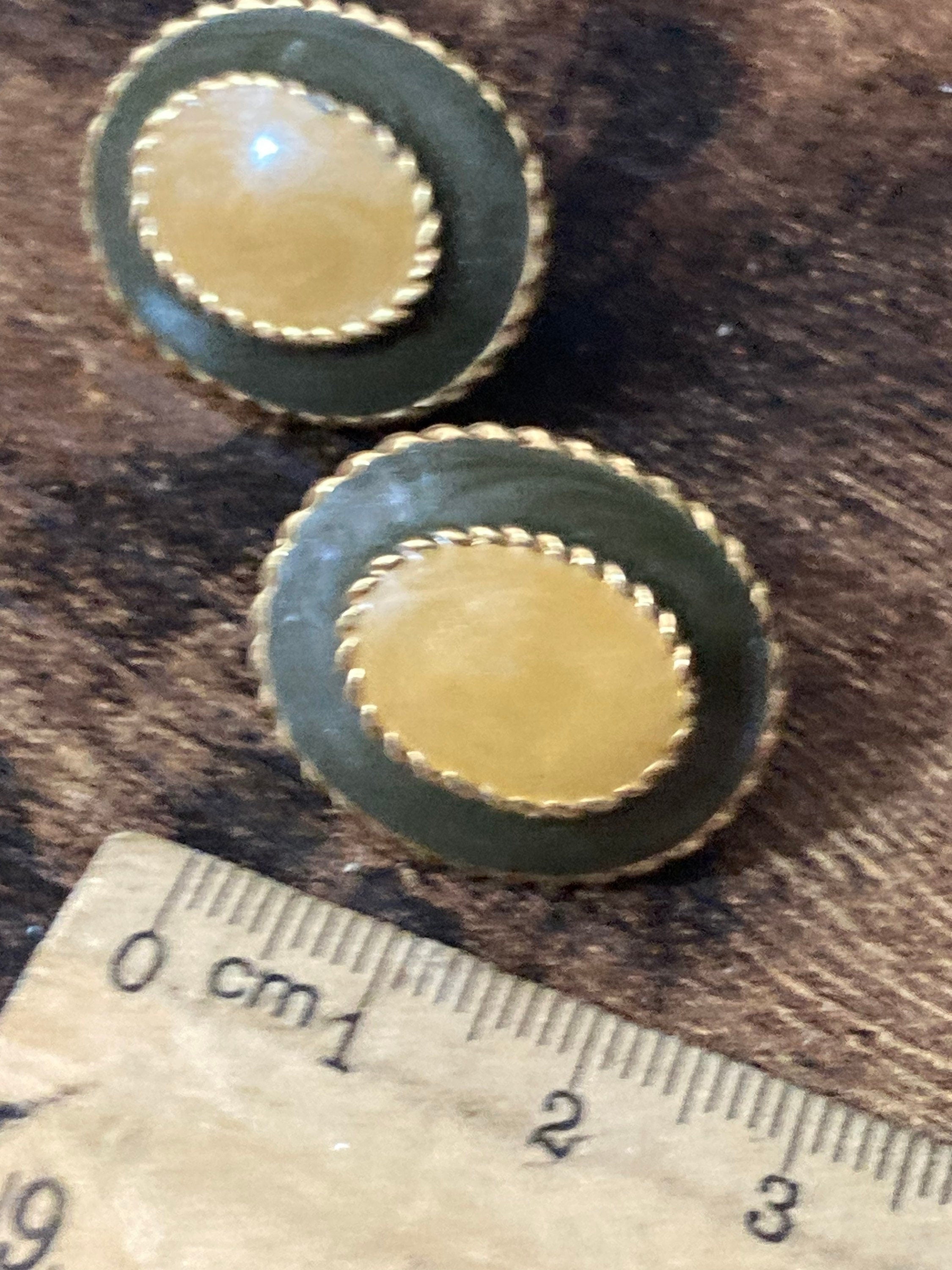 Vintage gold tone olive green enamel beige cream Oval pair stud earrings