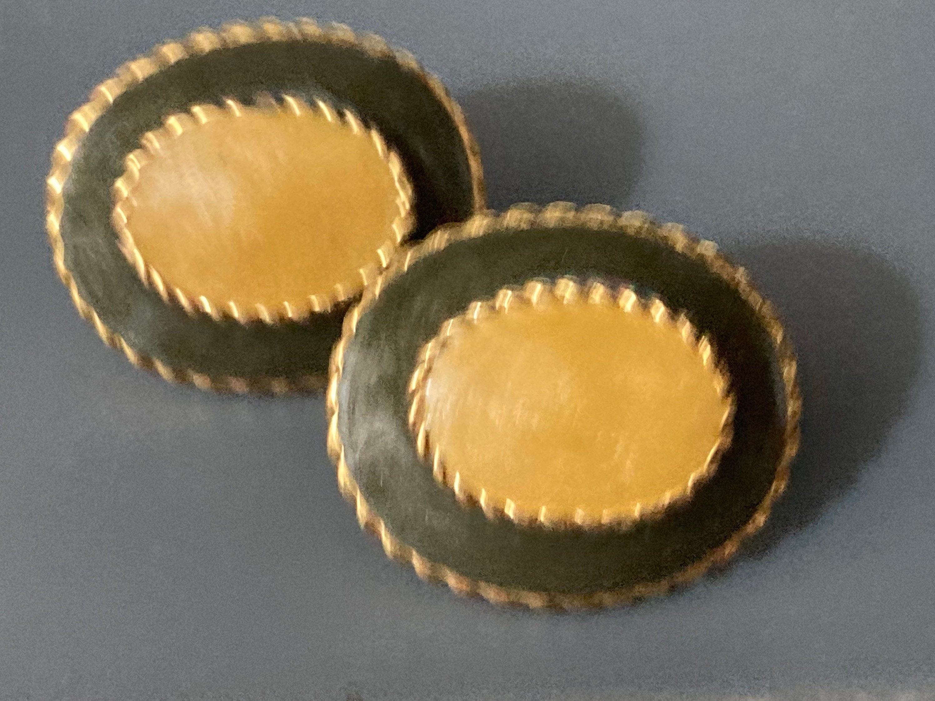 Vintage gold tone olive green enamel beige cream Oval pair stud earrings