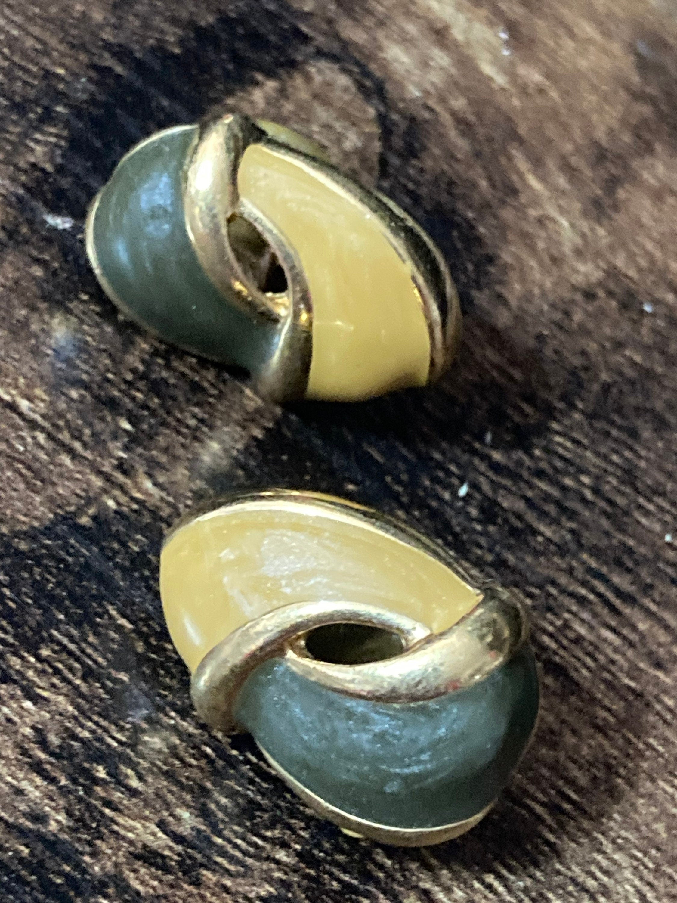 Vintage gold tone olive green enamel beige cream Oval pair stud earrings