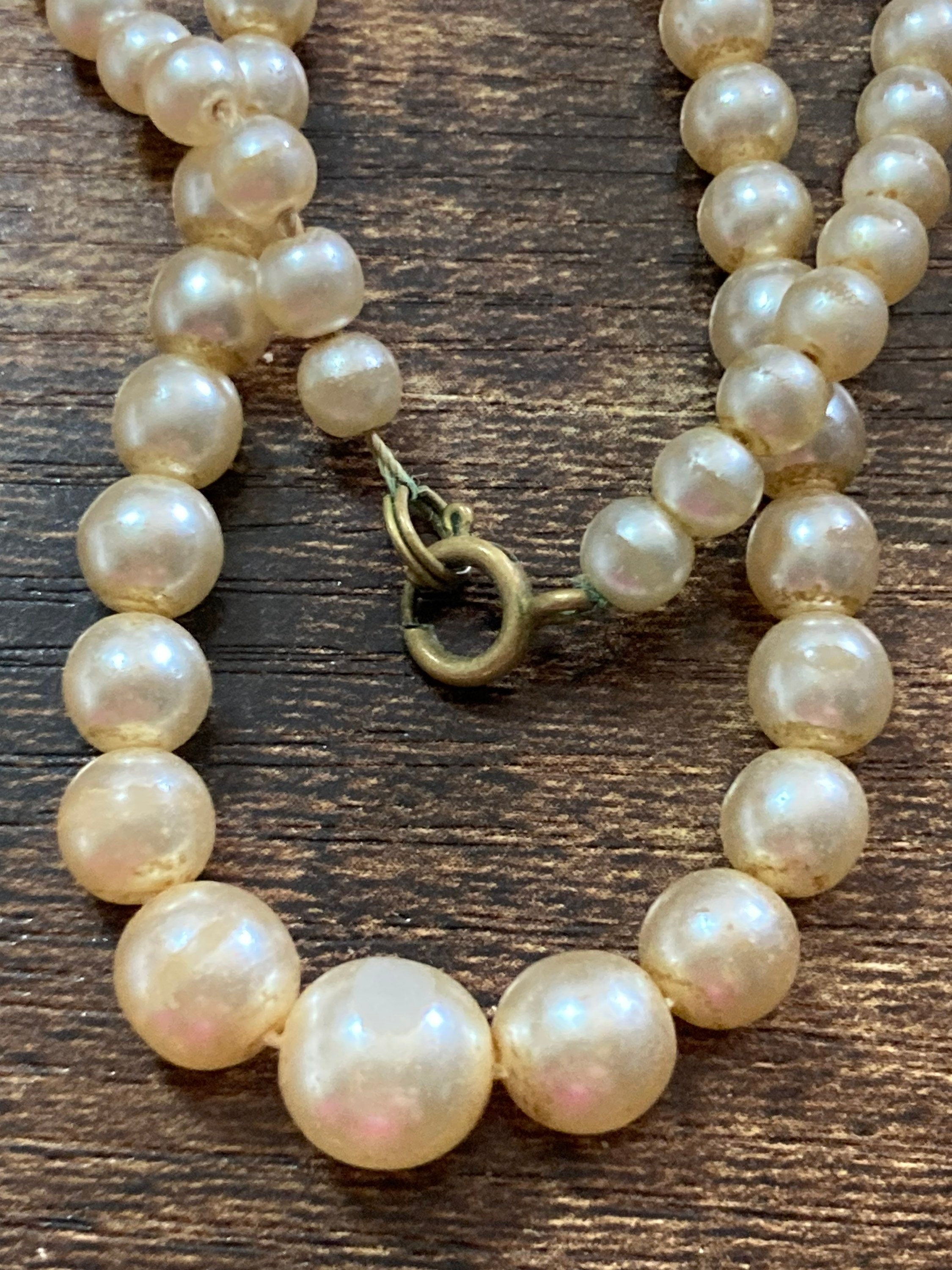 Graduated cream glass faux individually knotted pearl necklace medium length 64cm