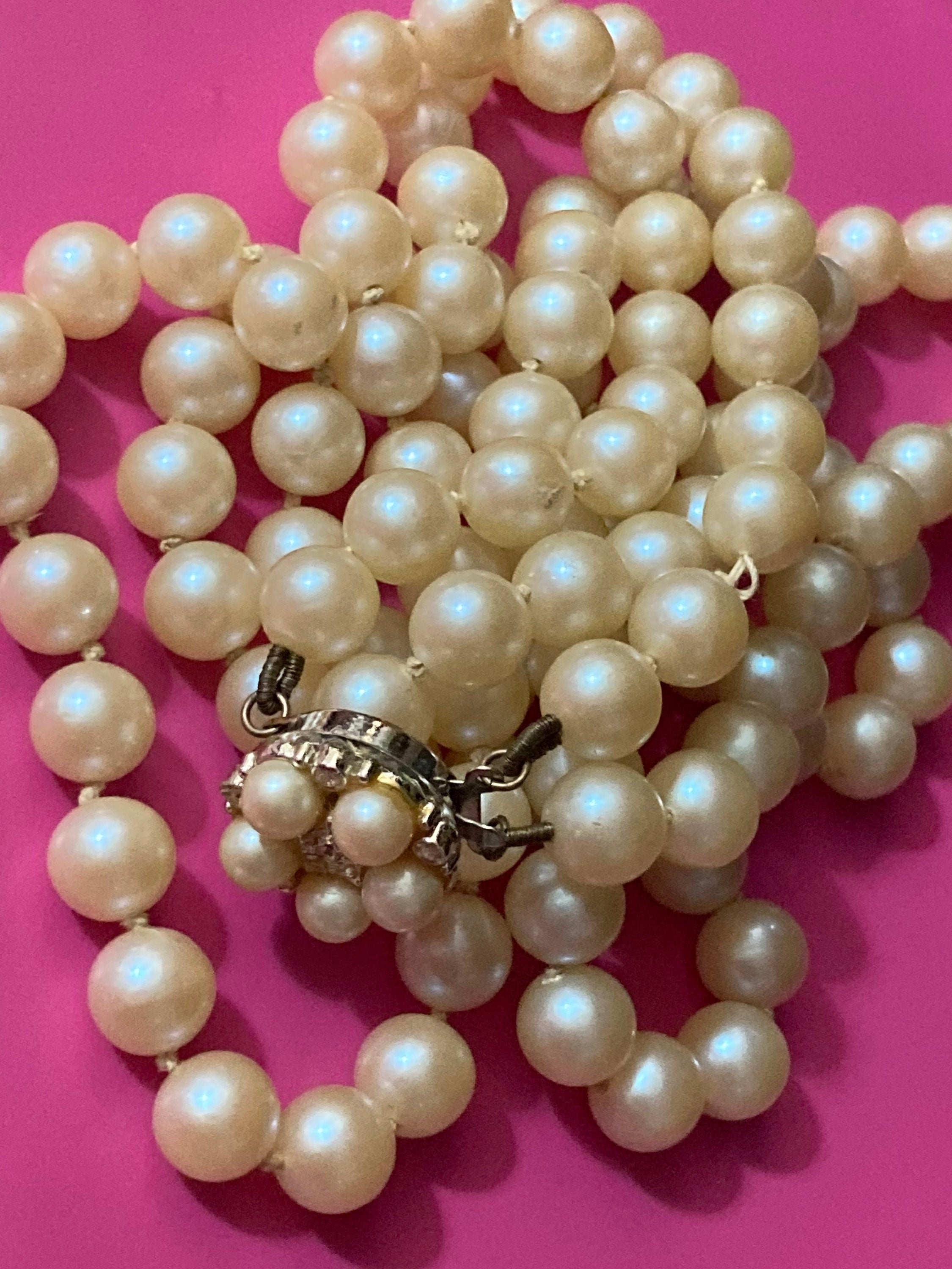 Chunky vintage 2 row cream glass knotted pearl necklace medium length 60cm