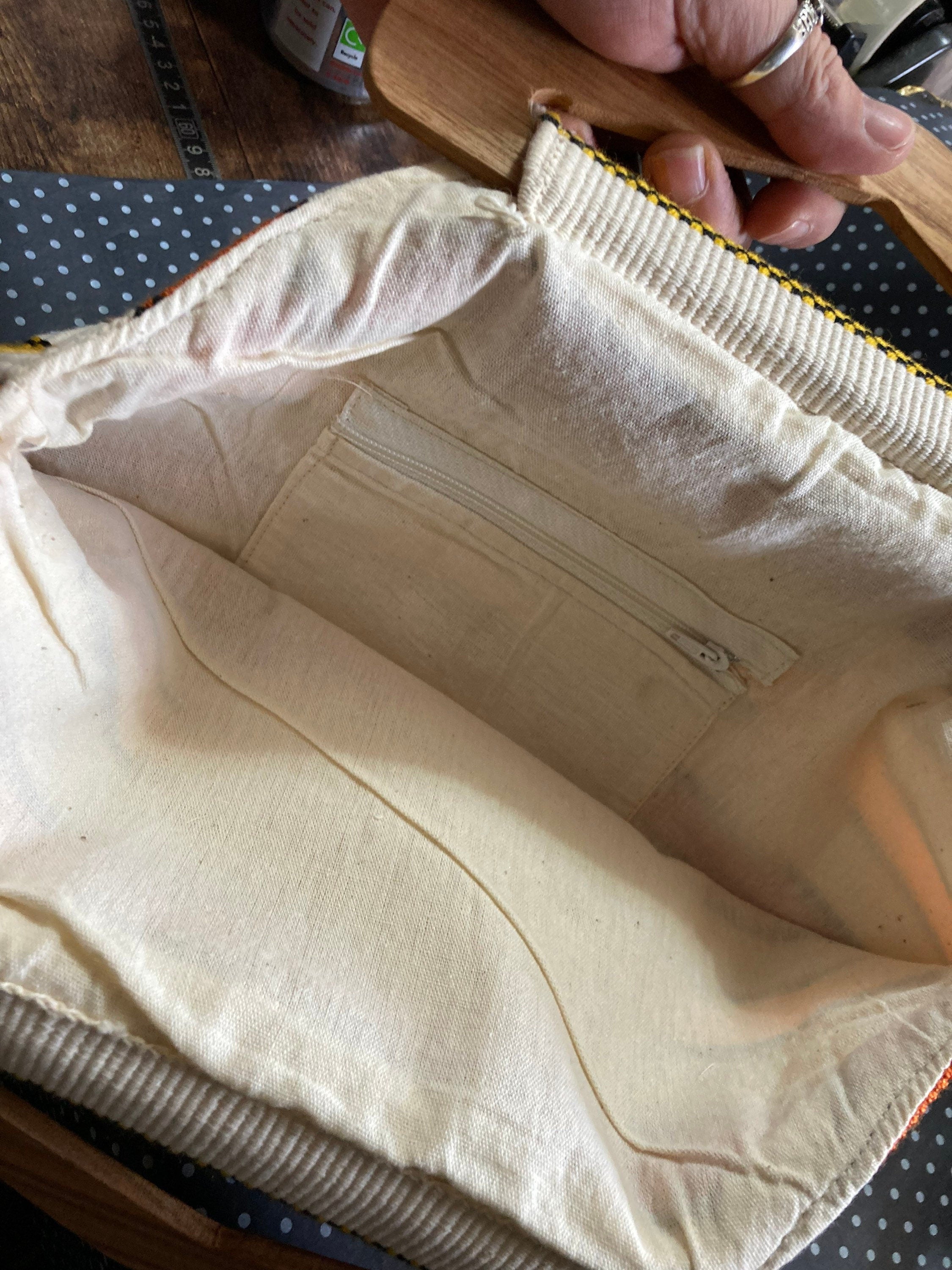 Vintage summer handbag with wooden handles orange yellow