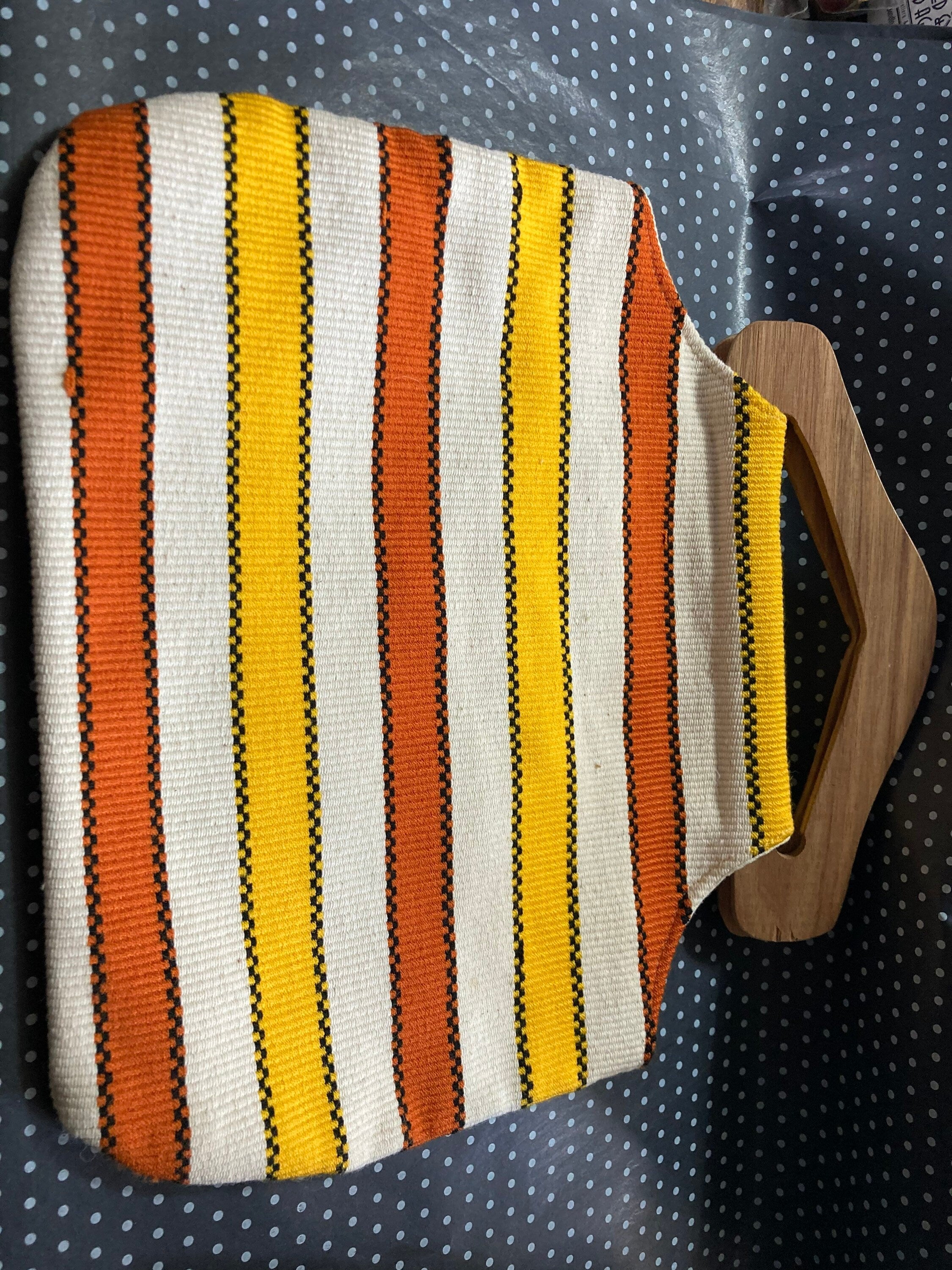 Vintage summer handbag with wooden handles orange yellow