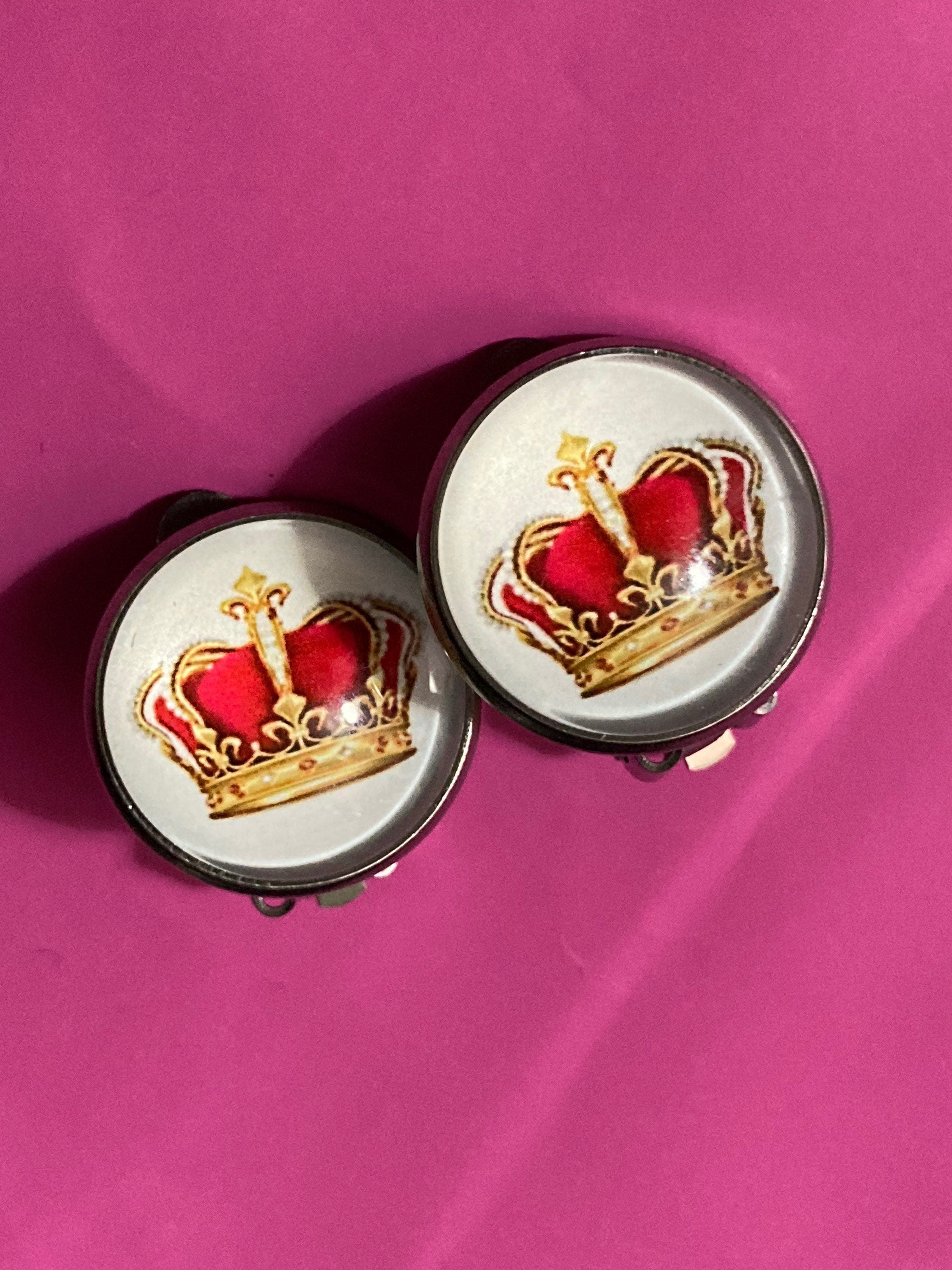 red and gold royal crown clip on earrings for girls stainless steel