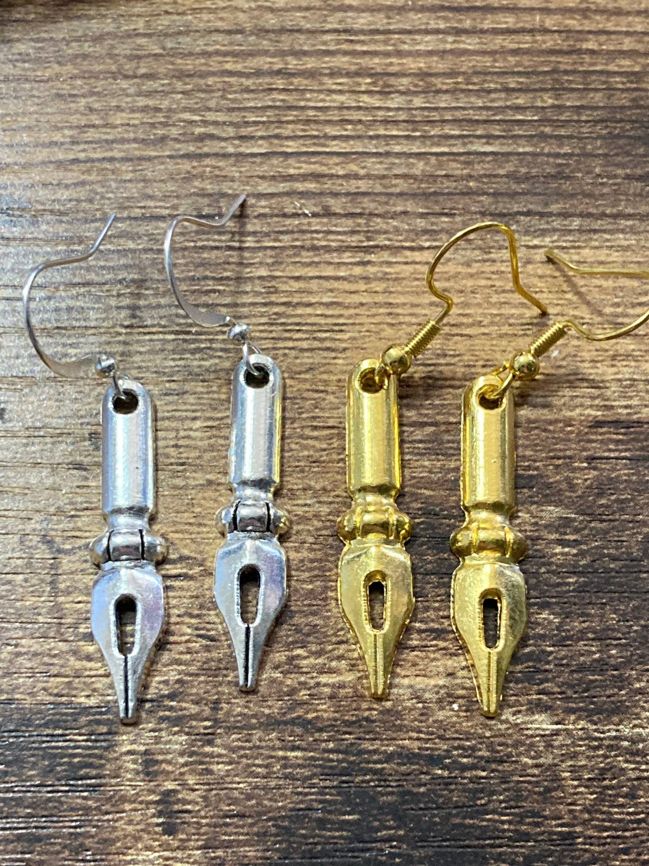 Novelty fountain pen nib drop earrings for writer gold tone