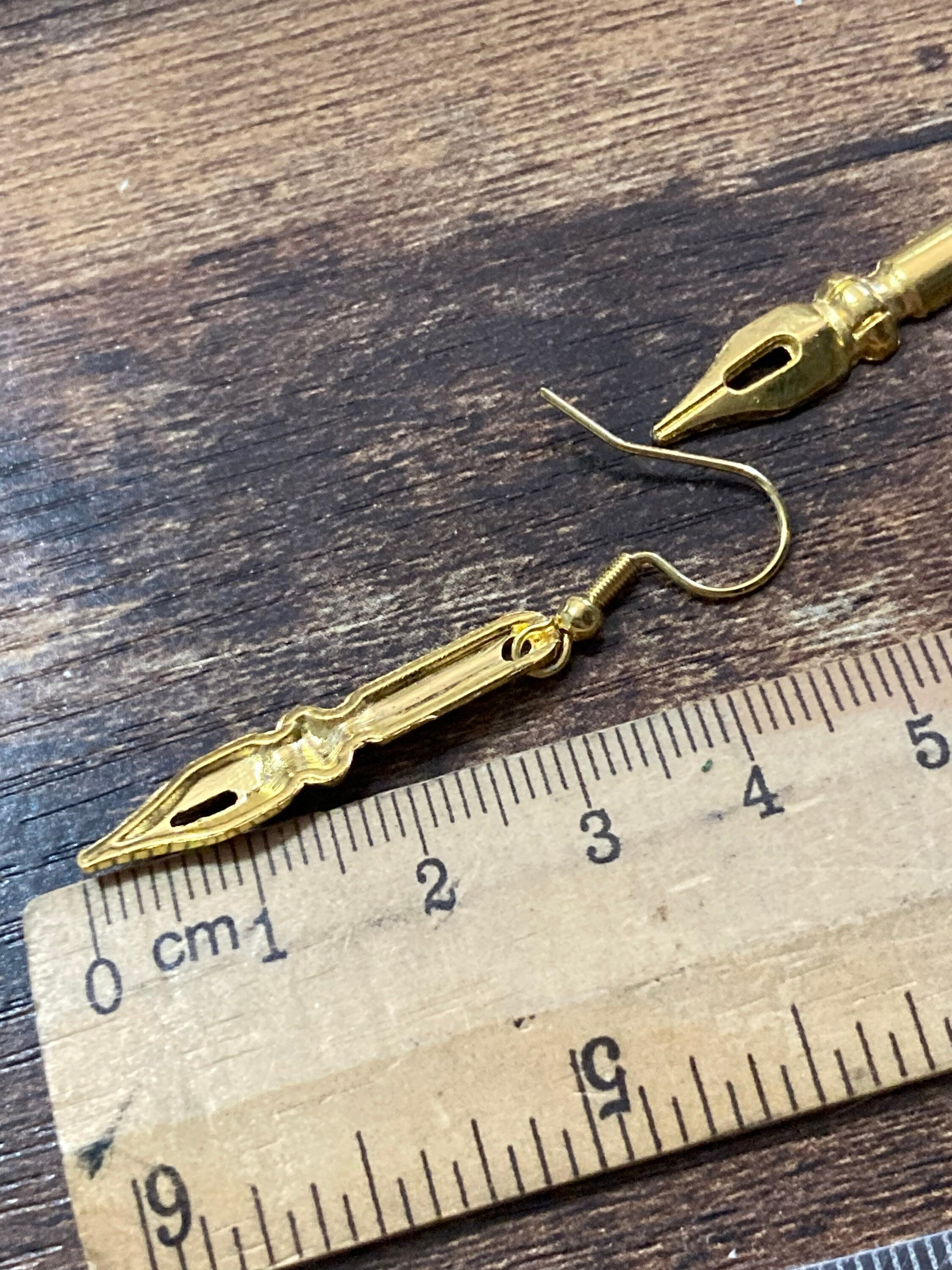 Novelty fountain pen nib drop earrings for writer gold tone