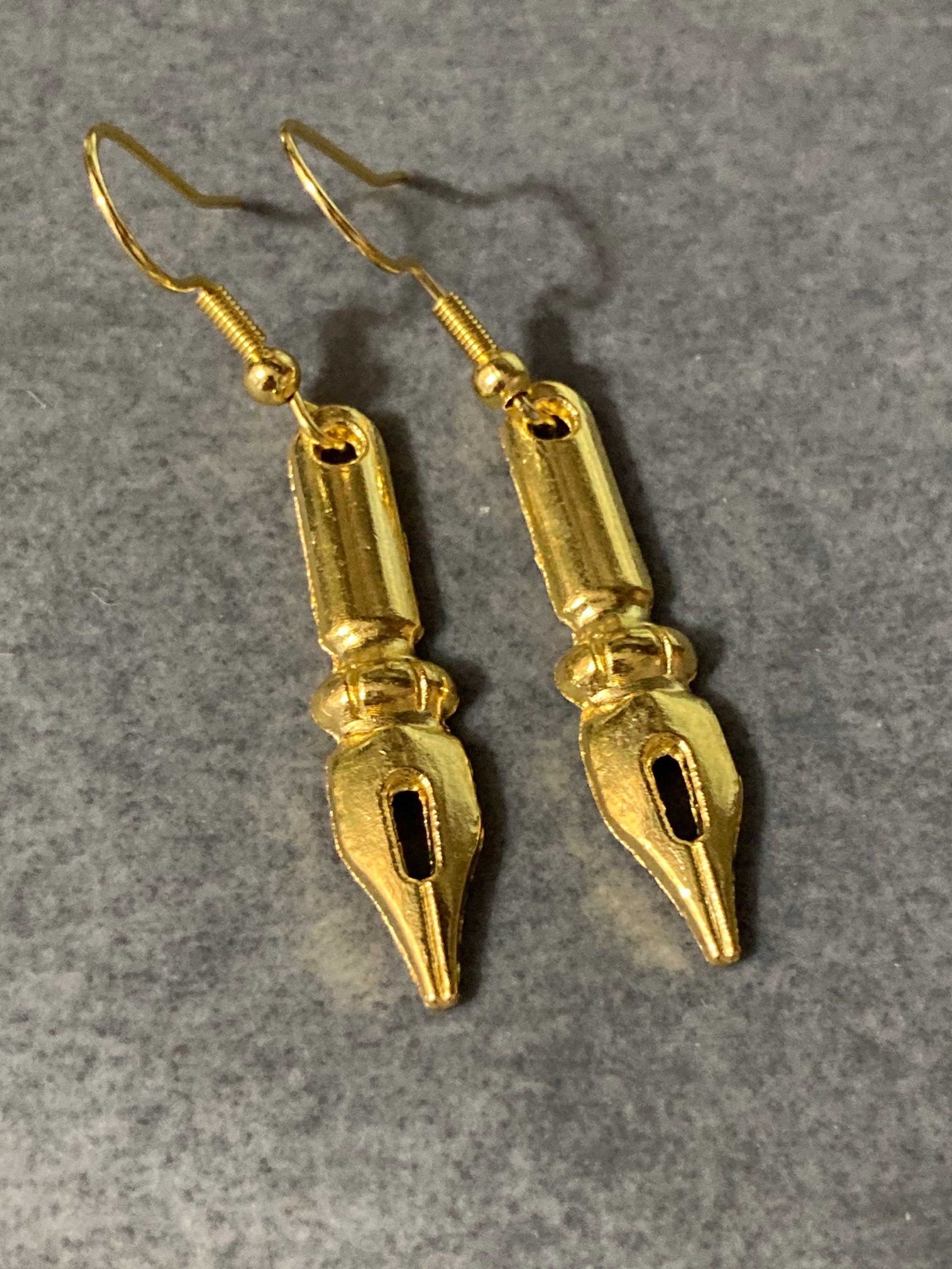 Novelty fountain pen nib drop earrings for writer gold tone