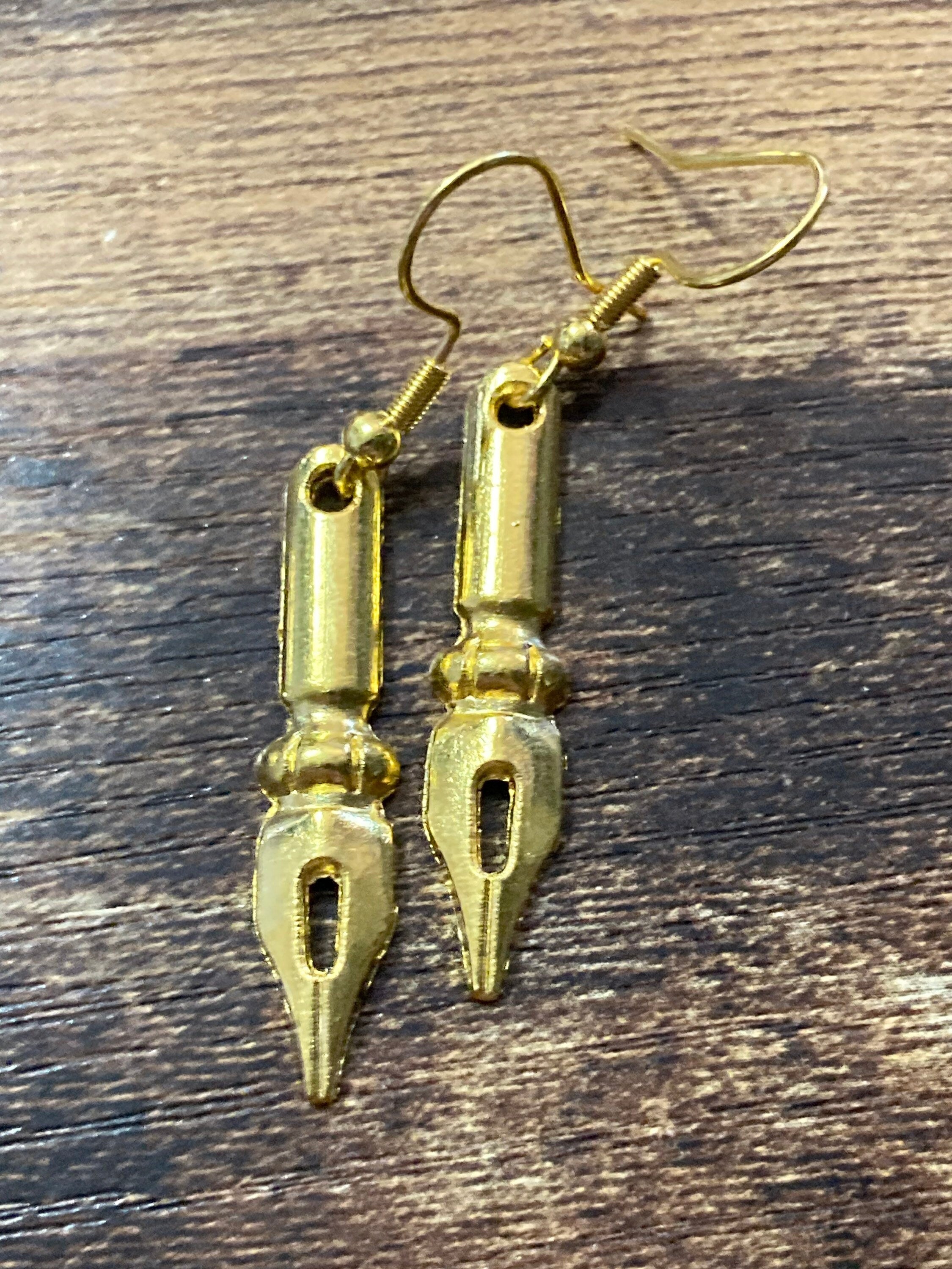 Novelty fountain pen nib drop earrings for writer gold tone