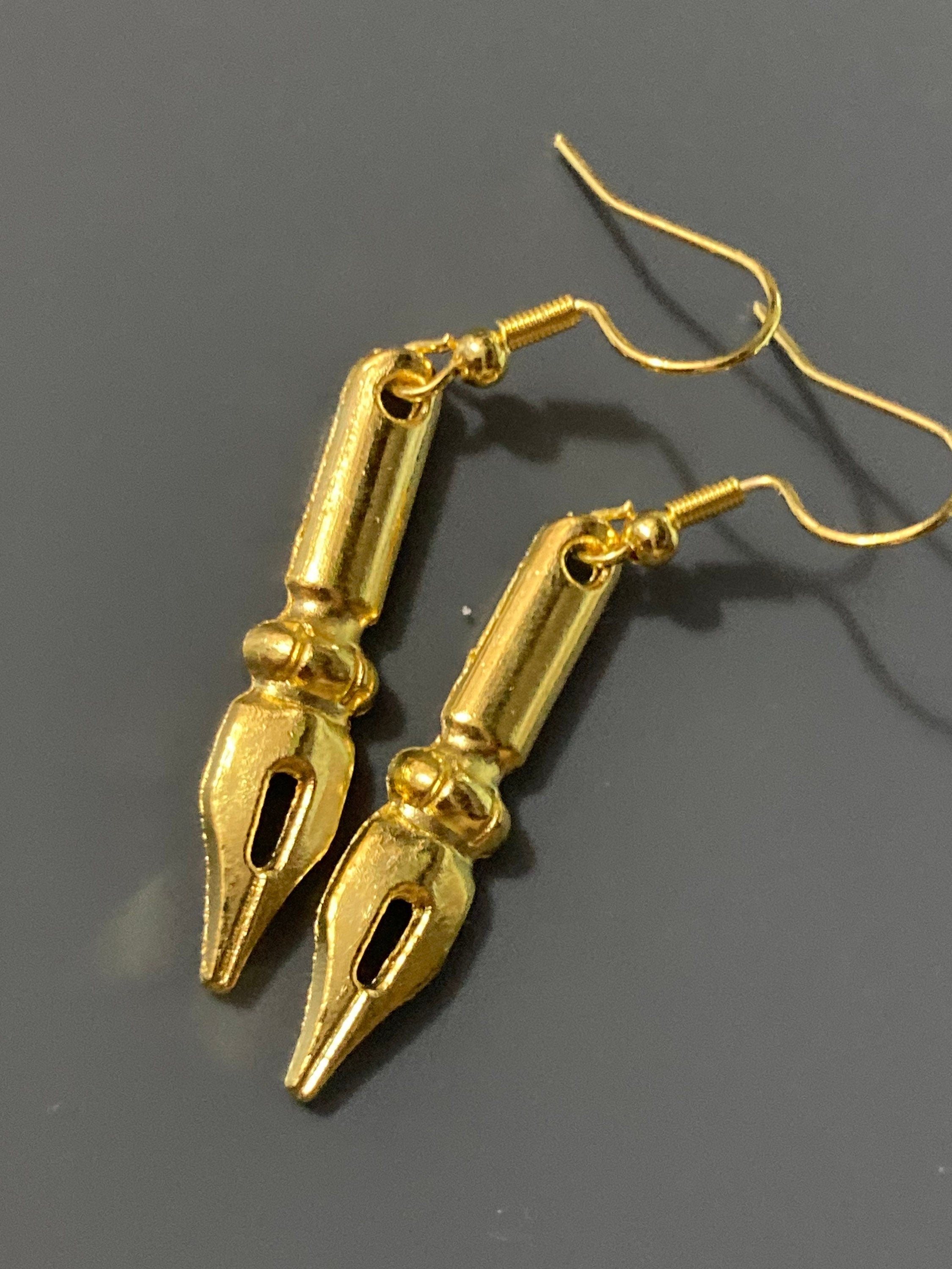 Novelty fountain pen nib drop earrings for writer gold tone