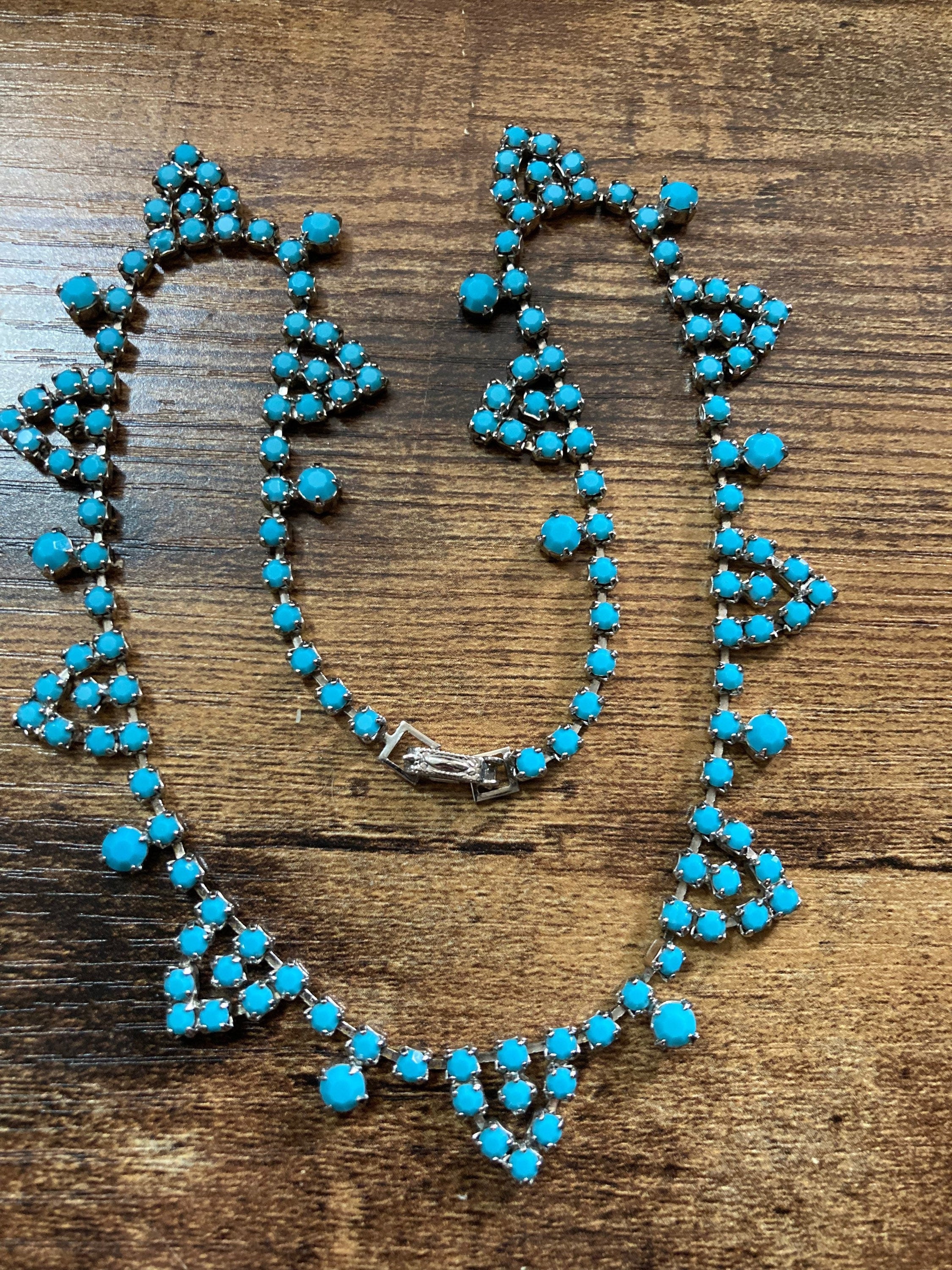 choker necklace with turquoise paste stones 1960s silver tone