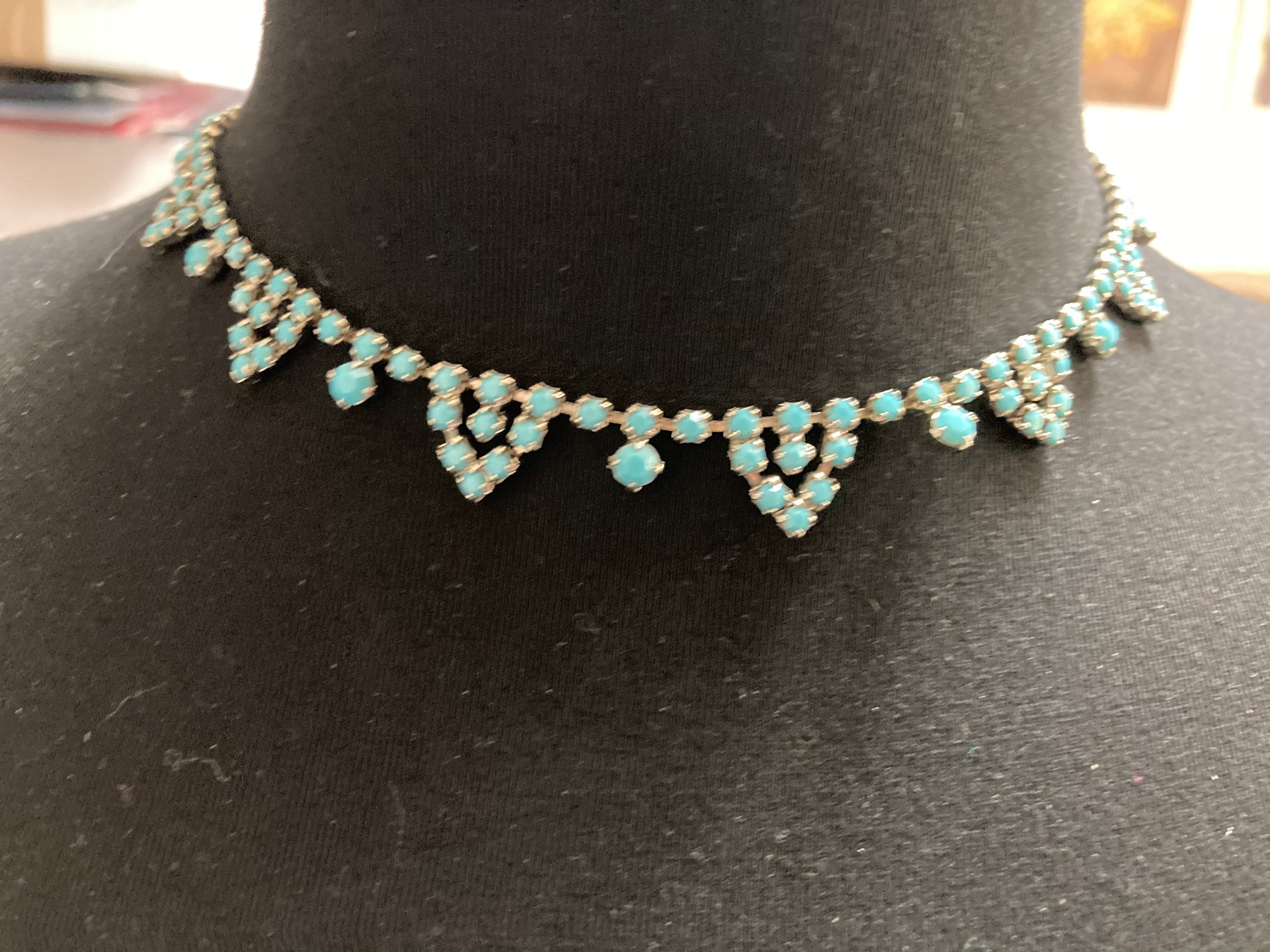 choker necklace with turquoise paste stones 1960s silver tone